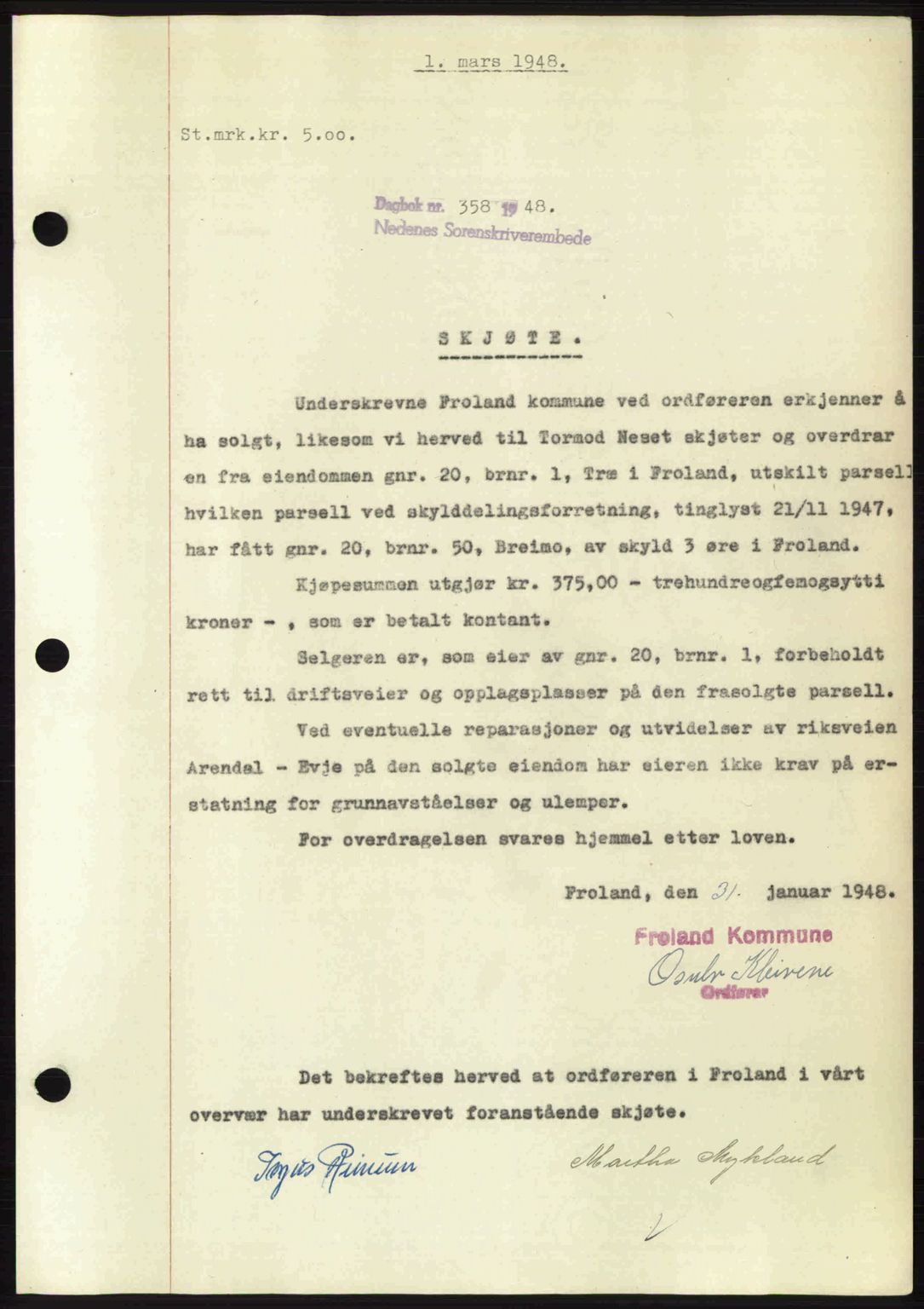 Nedenes sorenskriveri, SAK/1221-0006/G/Gb/Gba/L0059: Mortgage book no. A11, 1948-1948, Diary no: : 358/1948