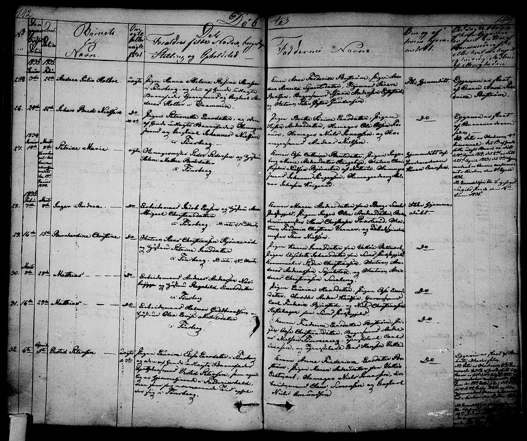 Tønsberg kirkebøker, AV/SAKO-A-330/F/Fa/L0005: Parish register (official) no. I 5, 1827-1836, p. 142-143