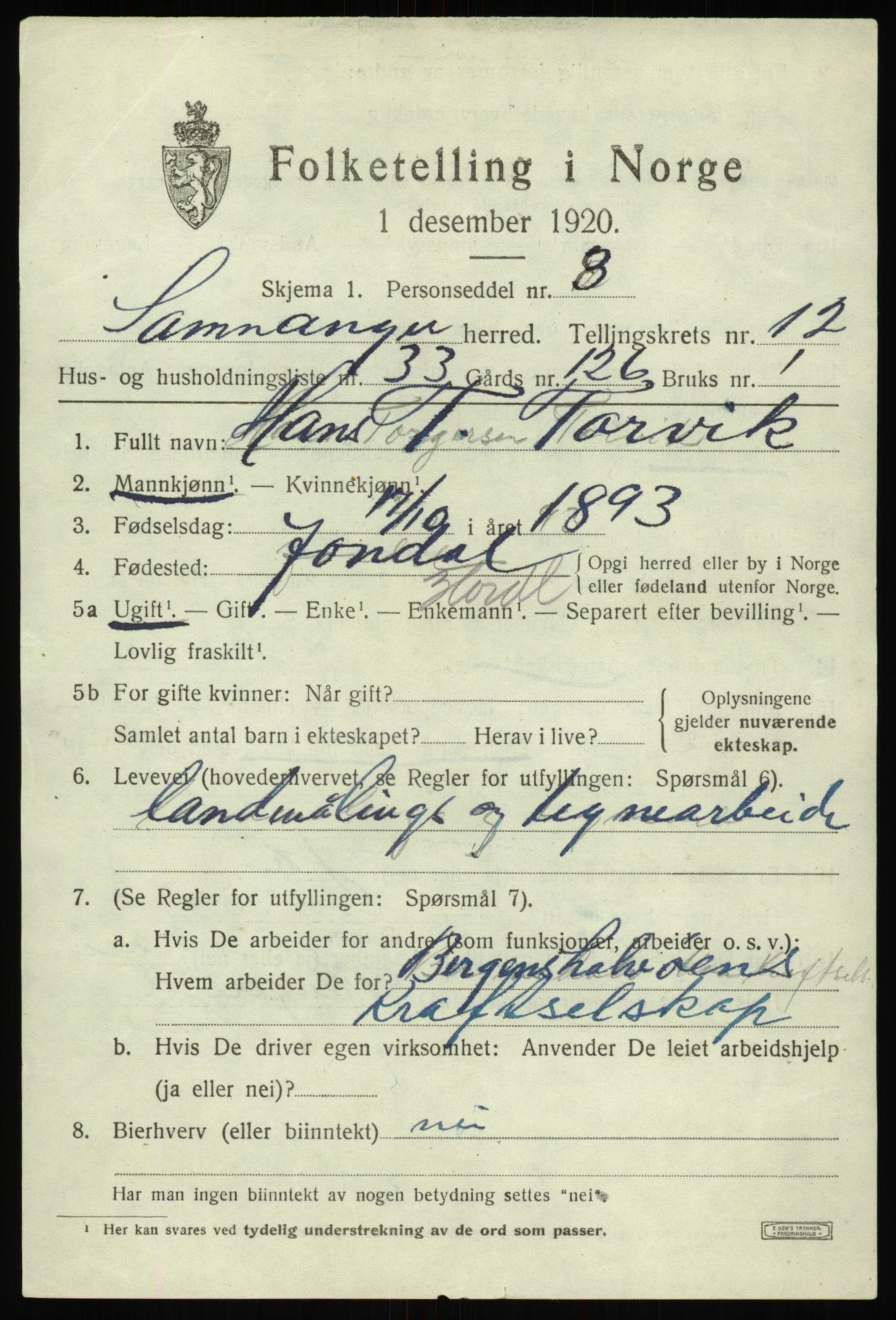 SAB, 1920 census for Samnanger, 1920, p. 5097