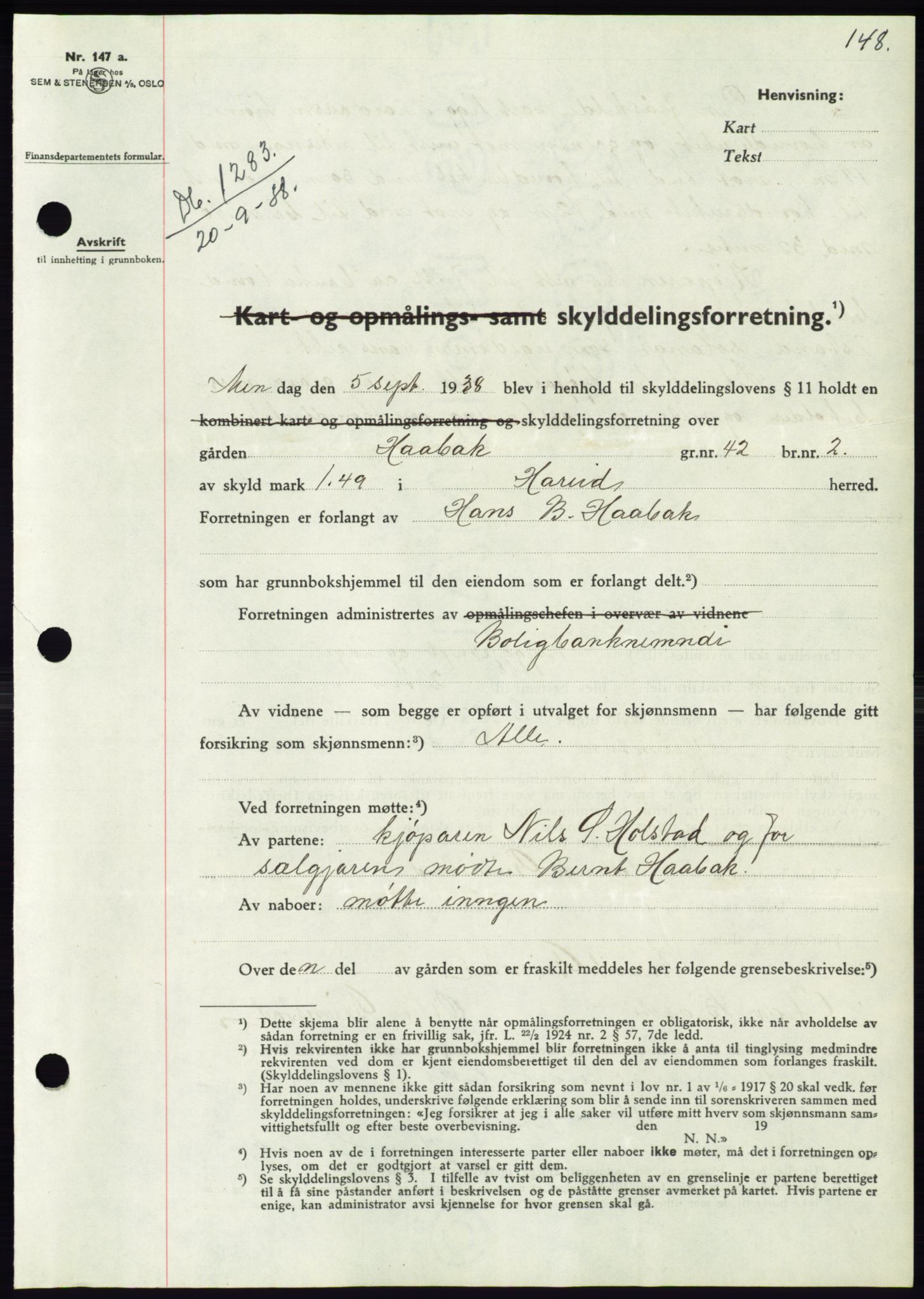 Søre Sunnmøre sorenskriveri, AV/SAT-A-4122/1/2/2C/L0066: Mortgage book no. 60, 1938-1938, Diary no: : 1283/1938