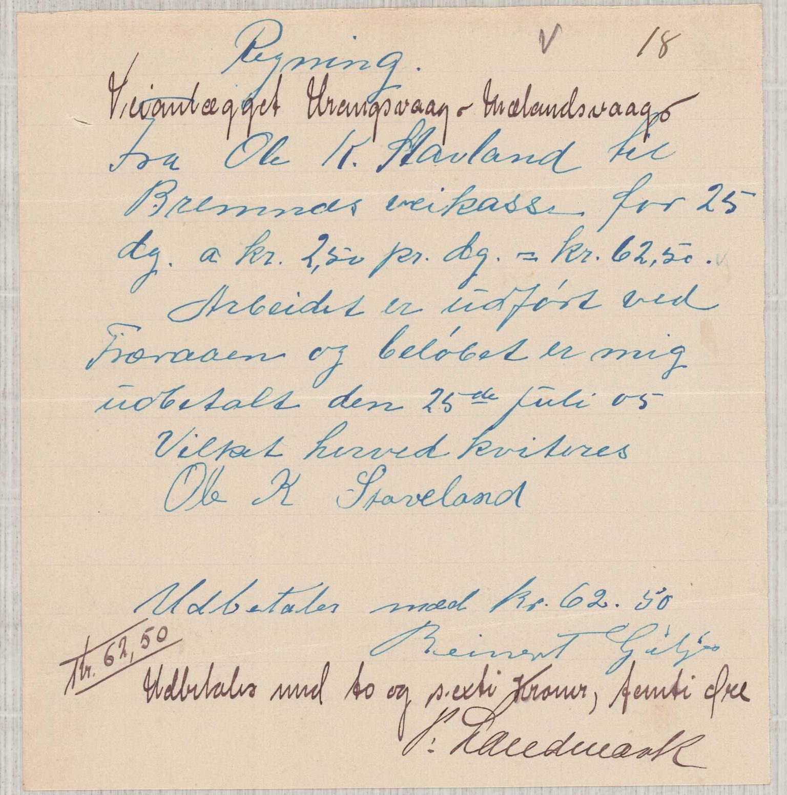 Finnaas kommune. Formannskapet, IKAH/1218a-021/E/Ea/L0002/0003: Rekneskap for veganlegg / Rekneskap for veganlegget Urangsvåg - Mælandsvåg, 1904-1905, p. 85