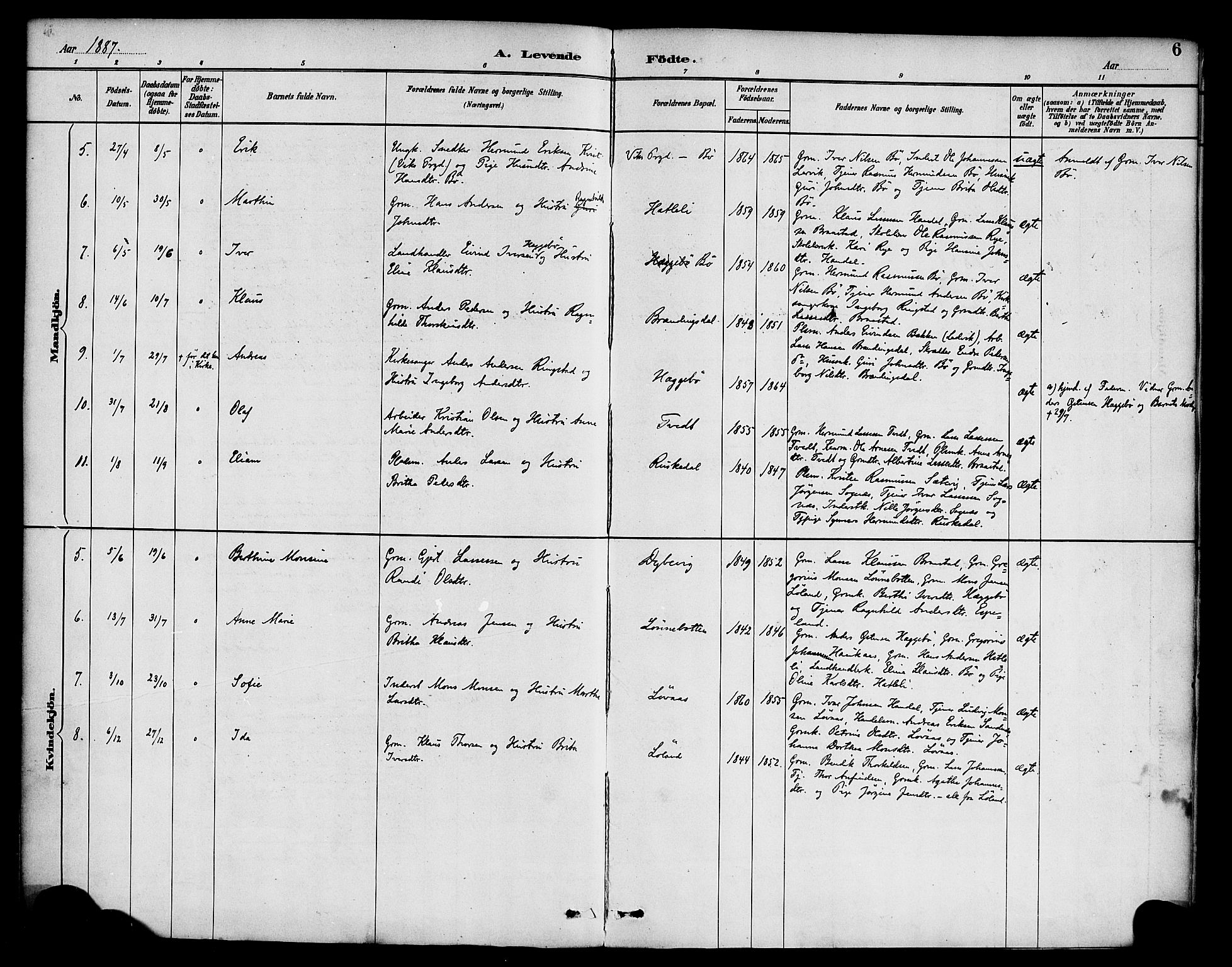 Hyllestad sokneprestembete, SAB/A-80401: Parish register (official) no. C 1, 1886-1904, p. 6