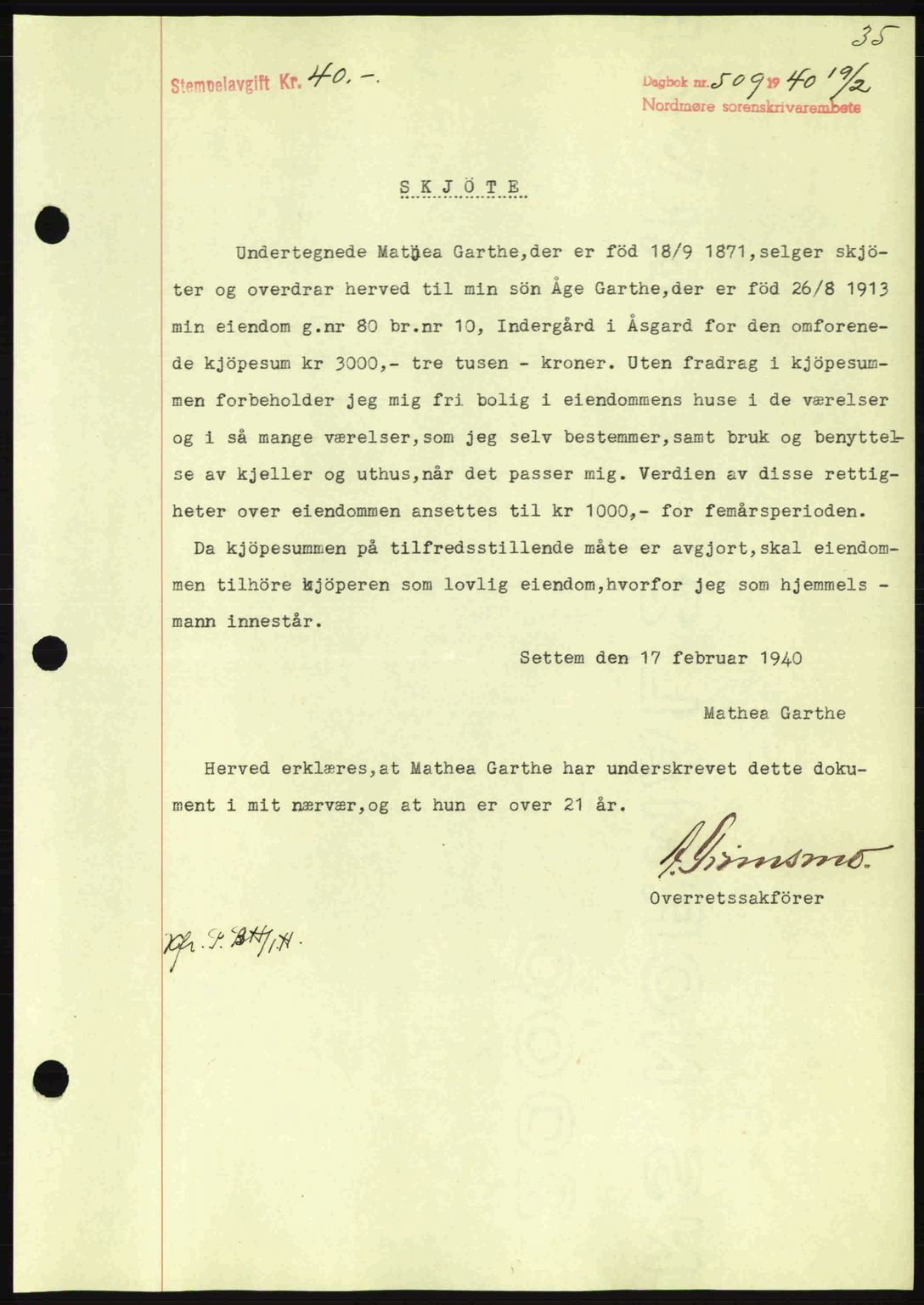 Nordmøre sorenskriveri, AV/SAT-A-4132/1/2/2Ca: Mortgage book no. A88, 1940-1940, Diary no: : 509/1940