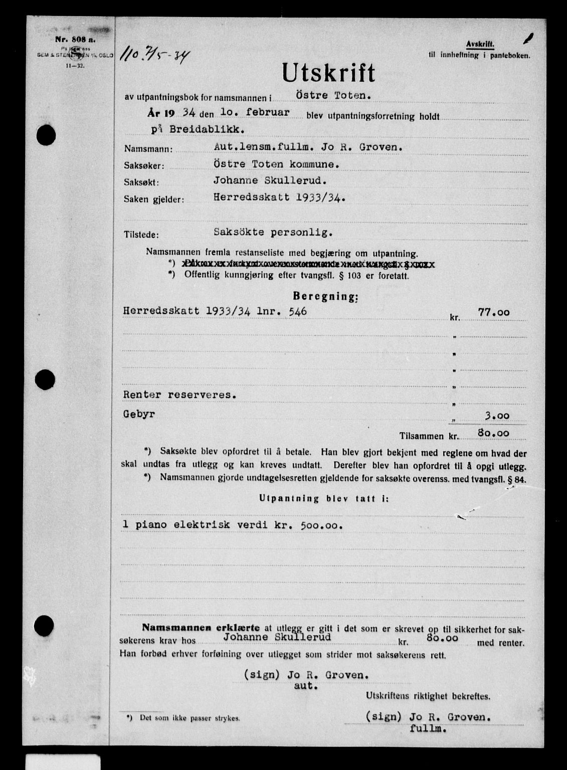 Toten tingrett, AV/SAH-TING-006/H/Hb/Hba/L0050: Mortgage book no. 50, 1934-1934, p. 1
