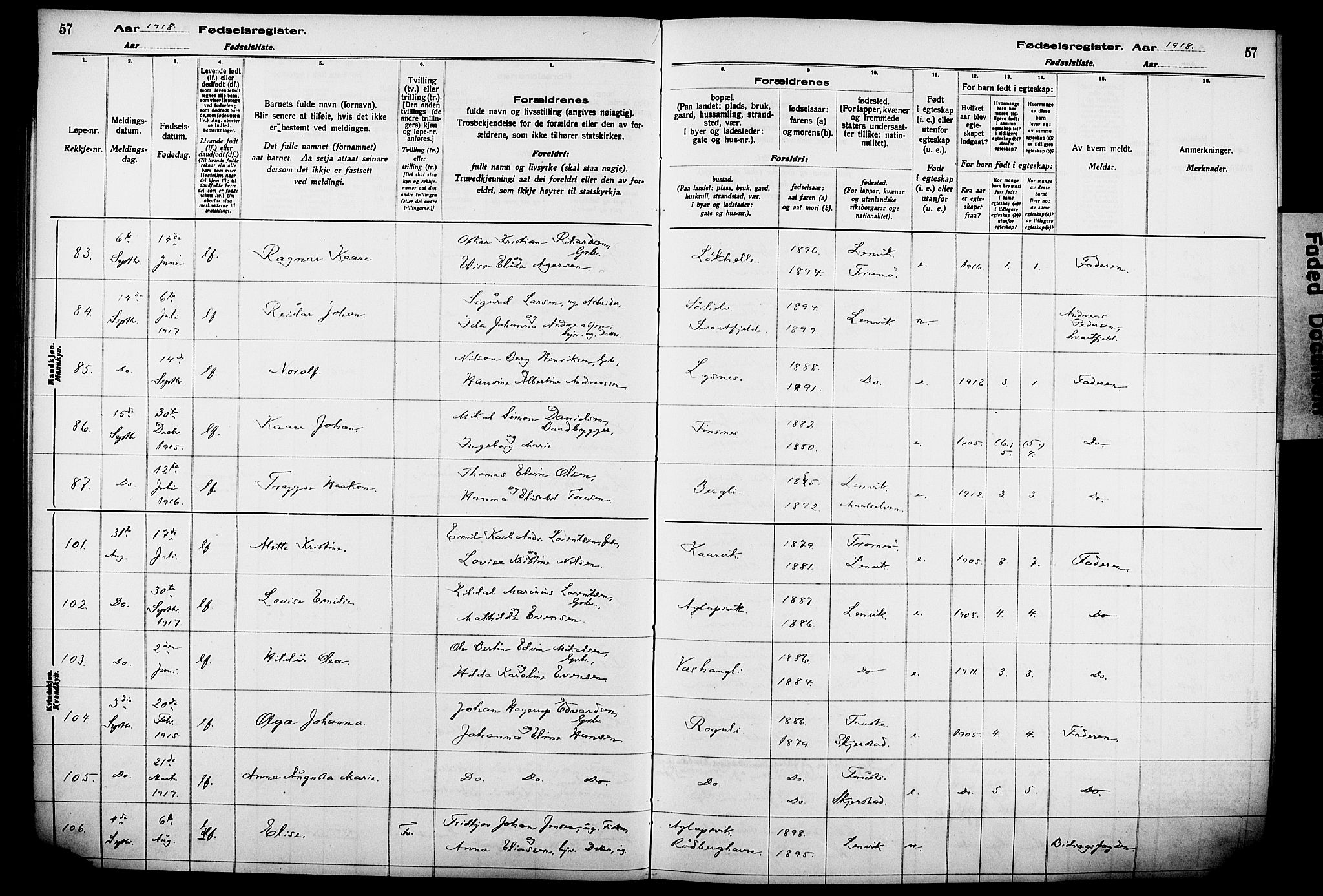 Lenvik sokneprestembete, AV/SATØ-S-1310/I/Ic/L0089: Birth register no. 89, 1916-1926, p. 57