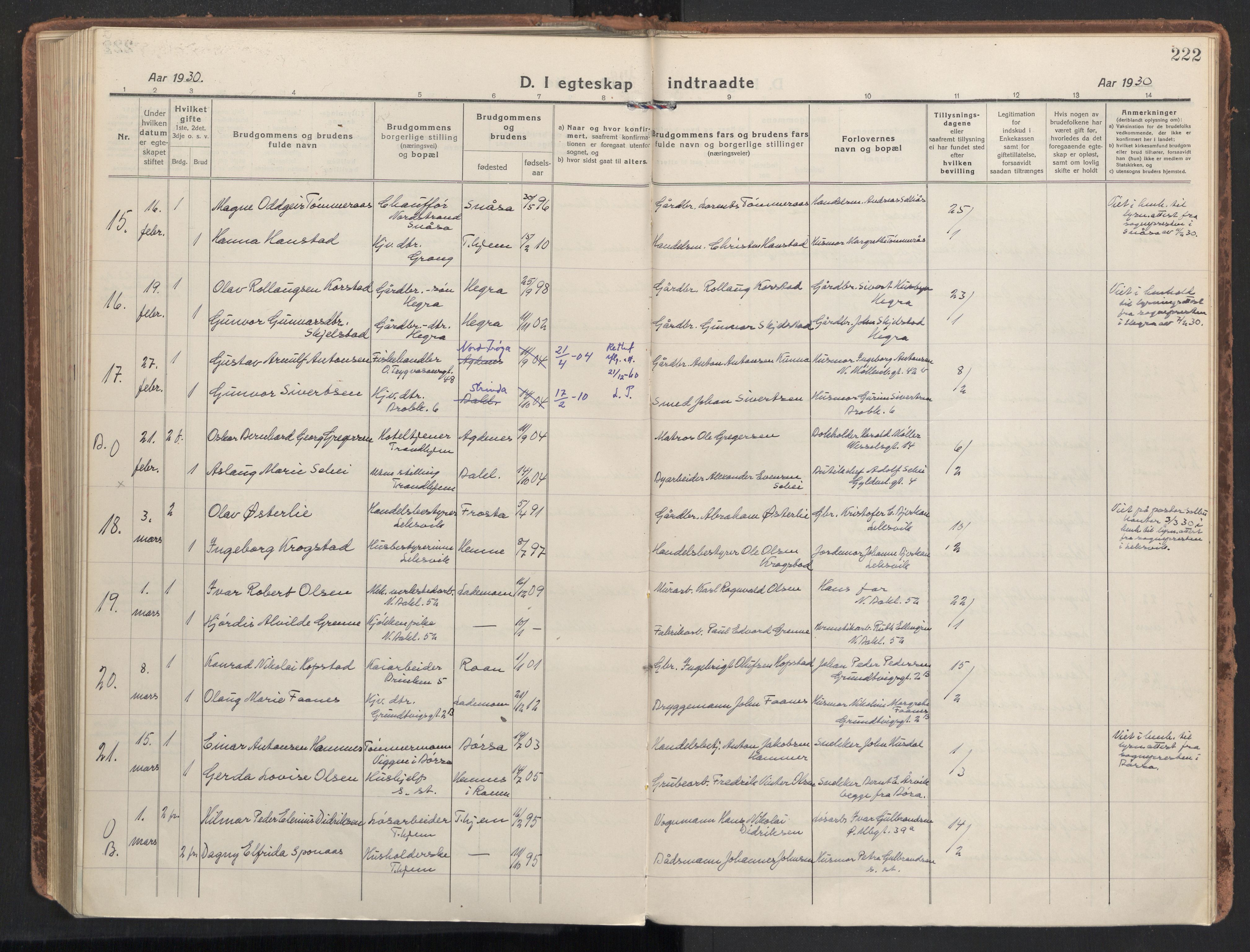 Ministerialprotokoller, klokkerbøker og fødselsregistre - Sør-Trøndelag, AV/SAT-A-1456/604/L0206: Parish register (official) no. 604A26, 1917-1931, p. 222