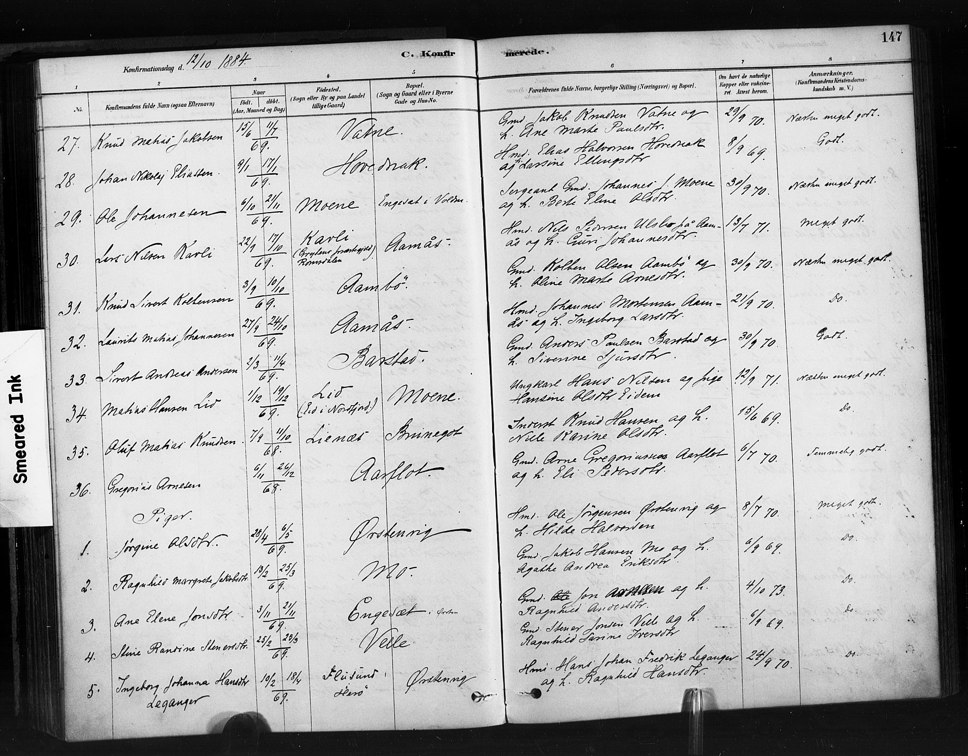Ministerialprotokoller, klokkerbøker og fødselsregistre - Møre og Romsdal, AV/SAT-A-1454/513/L0176: Parish register (official) no. 513A03, 1877-1889, p. 147