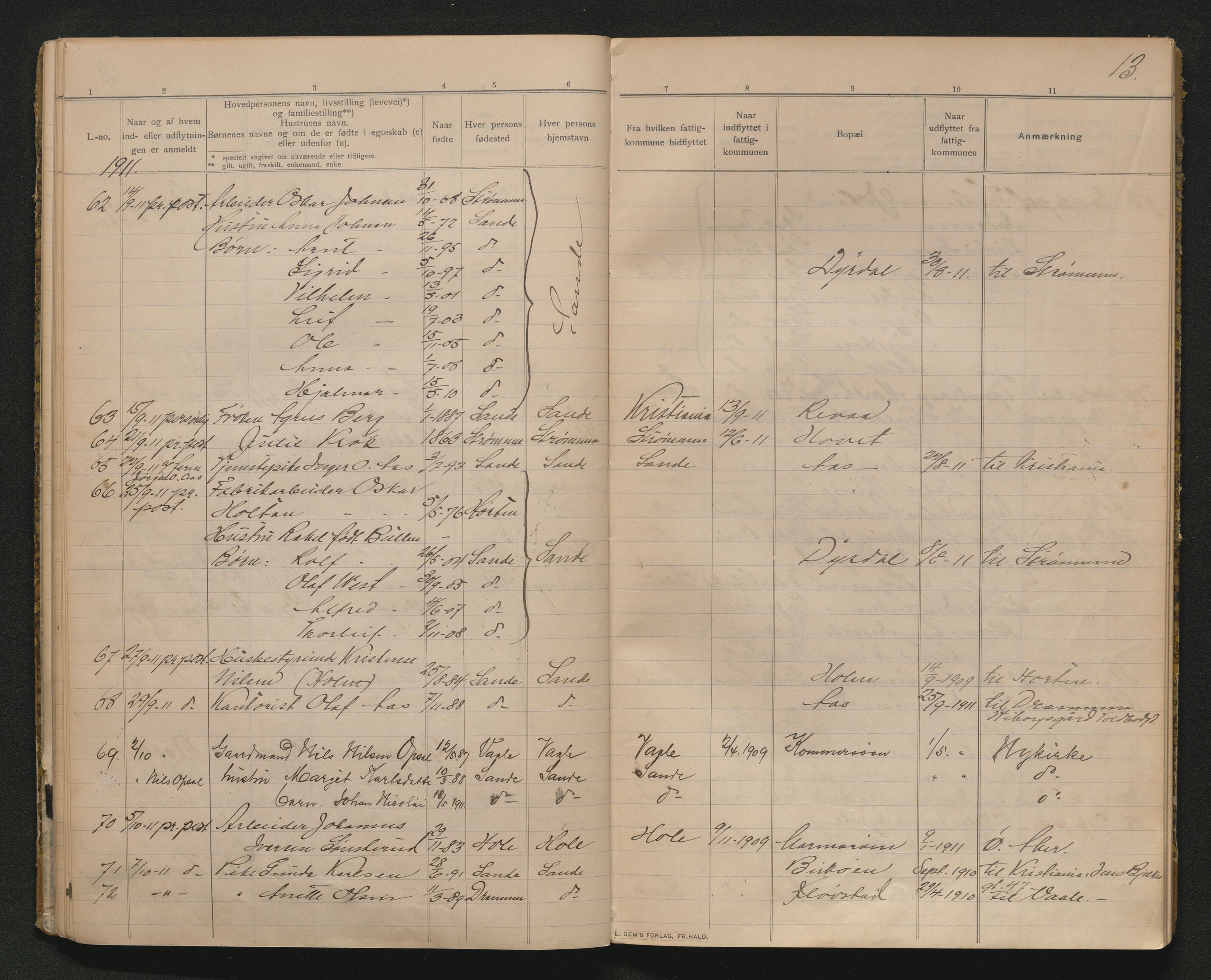 Sande lensmannskontor, AV/SAKO-A-546/O/Oc/L0002: Protokoll over inn- og utflyttede, 1909-1914, p. 12b-13a