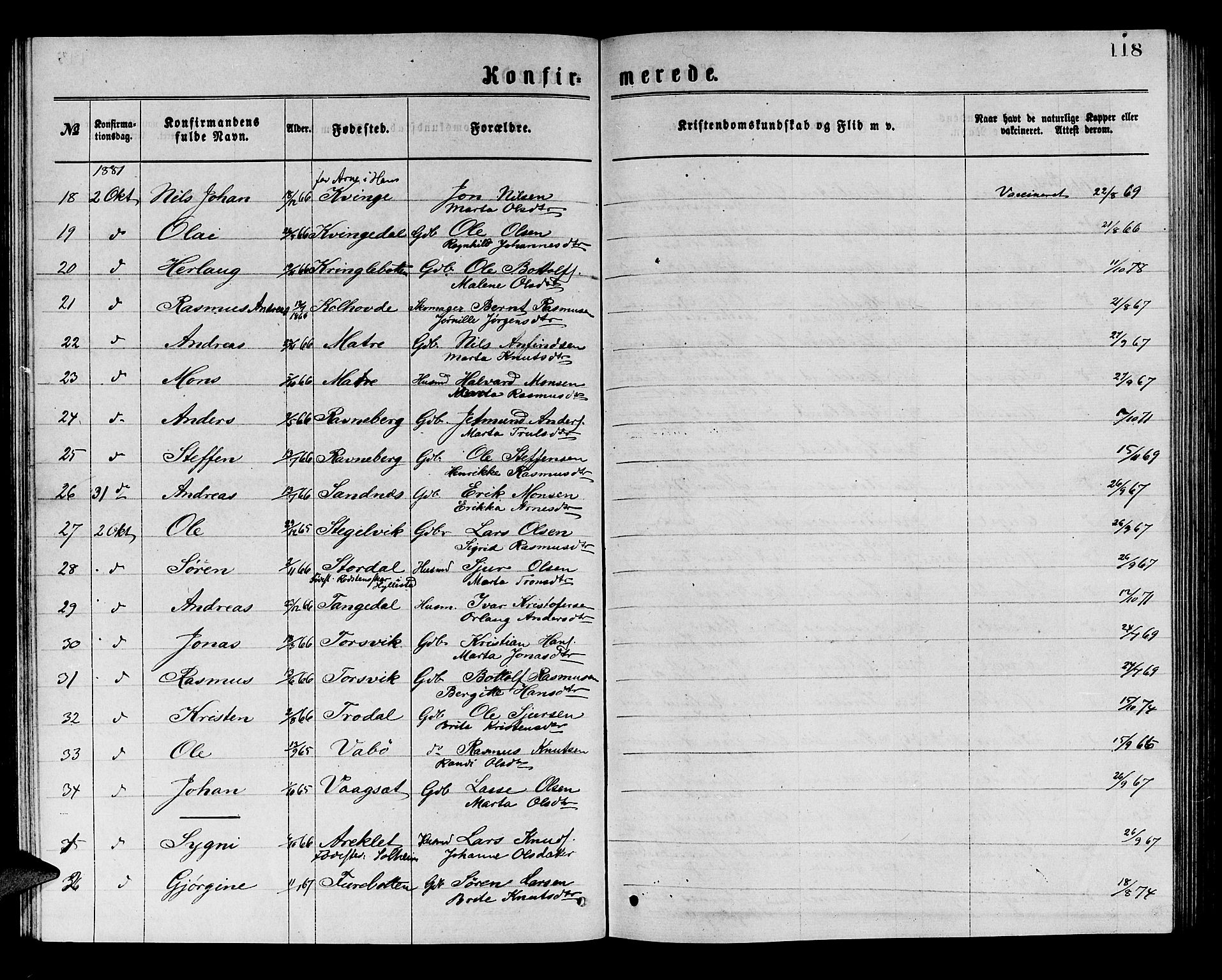 Masfjorden Sokneprestembete, SAB/A-77001: Parish register (copy) no. A 2, 1876-1891, p. 118