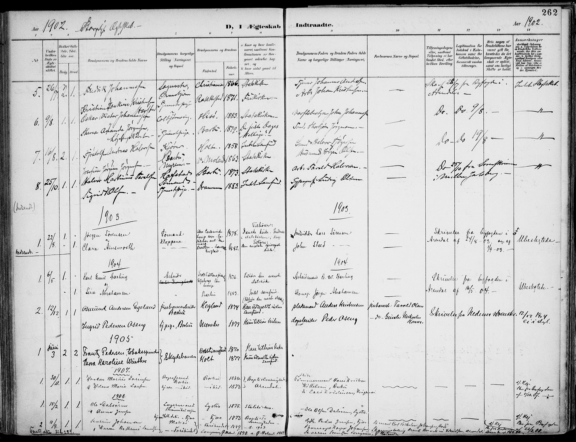 Barbu sokneprestkontor, SAK/1111-0003/F/Fa/L0005: Parish register (official) no. A 5, 1899-1909, p. 262