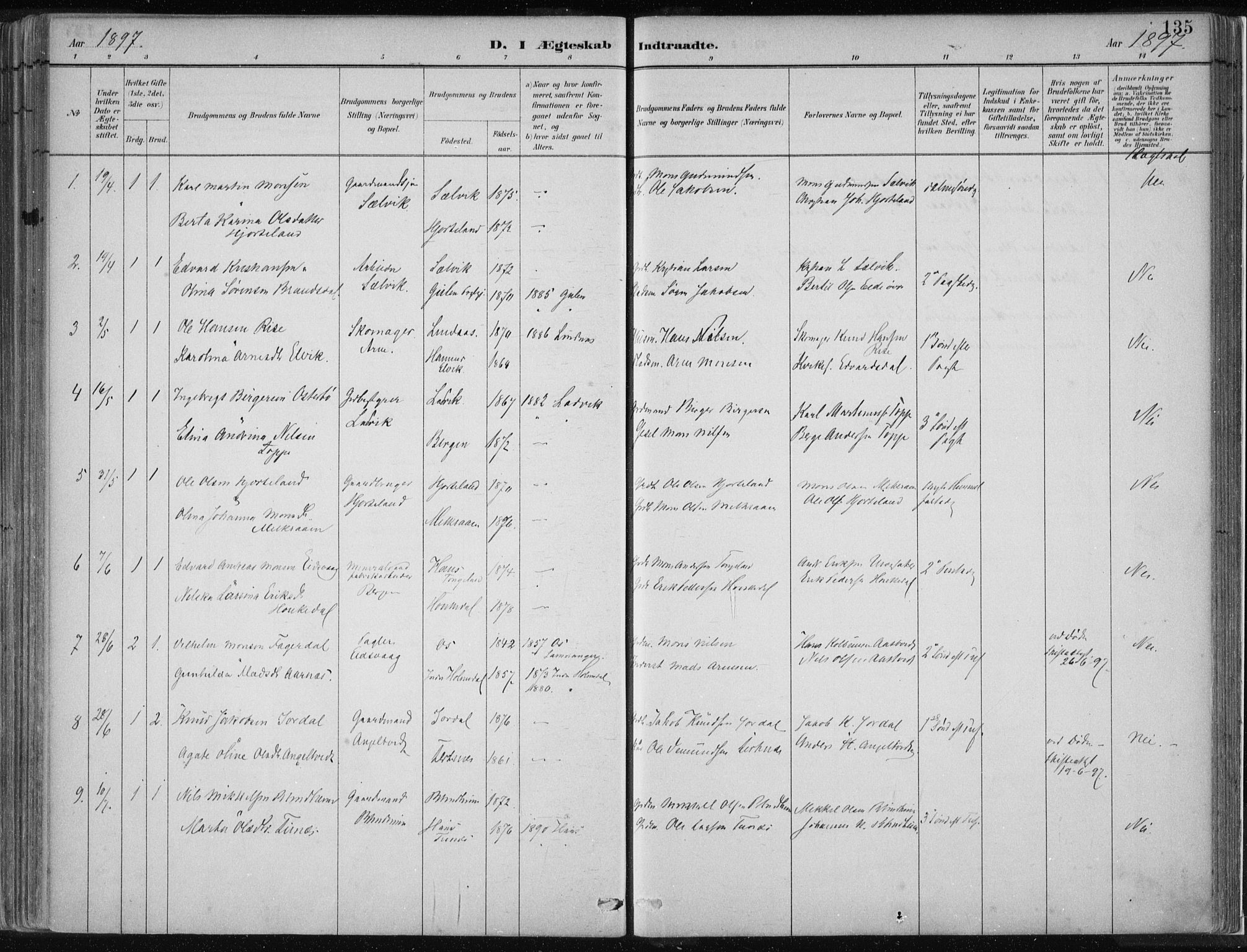 Hamre sokneprestembete, SAB/A-75501/H/Ha/Haa/Haad/L0001: Parish register (official) no. D  1, 1882-1906, p. 135