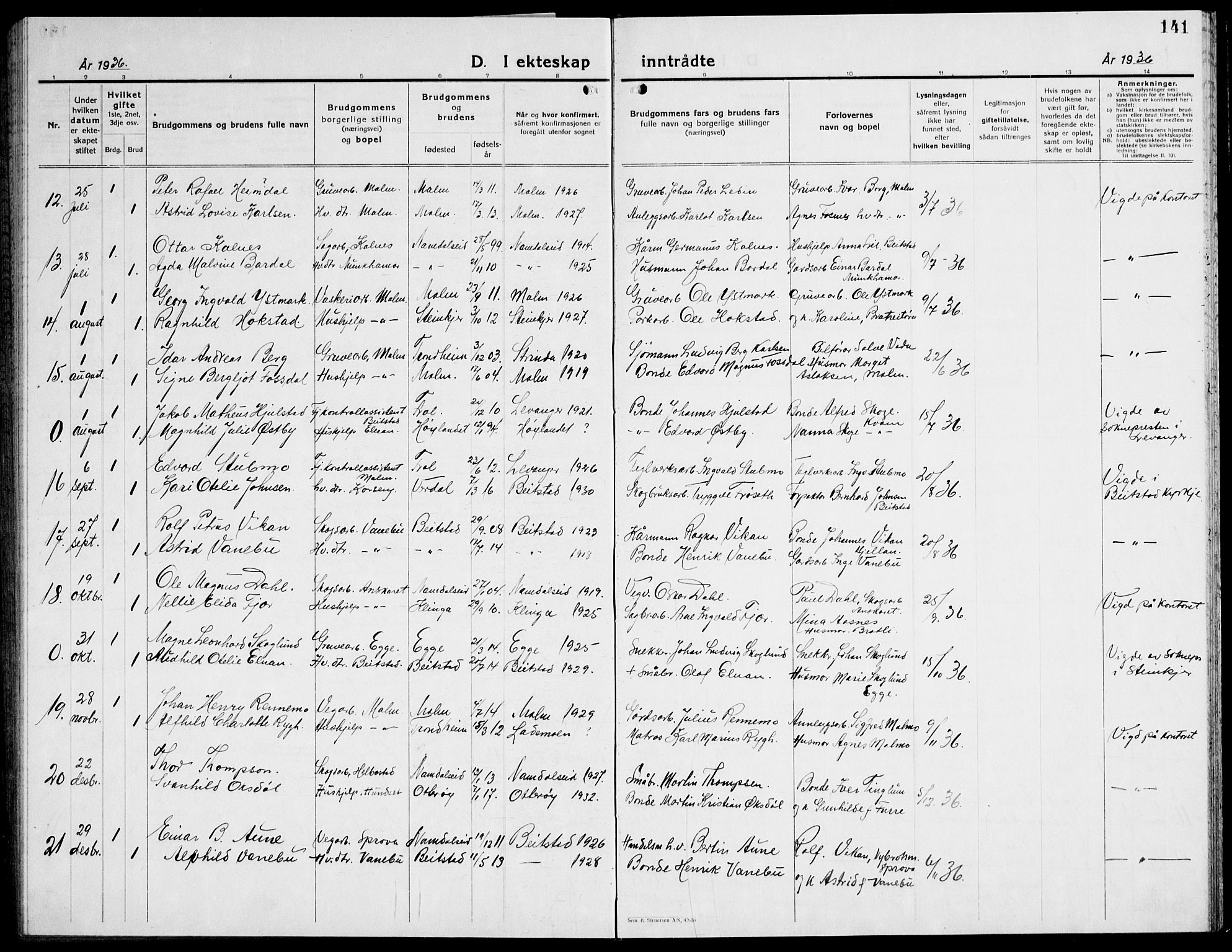 Ministerialprotokoller, klokkerbøker og fødselsregistre - Nord-Trøndelag, SAT/A-1458/741/L0403: Parish register (copy) no. 741C04, 1925-1944, p. 141