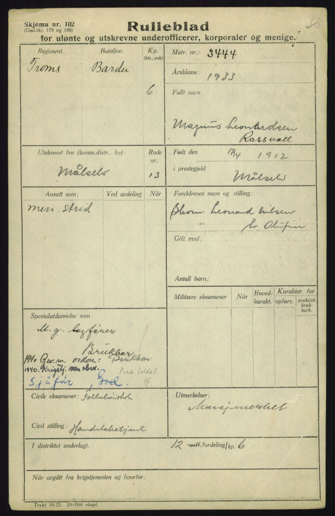 Forsvaret, Troms infanteriregiment nr. 16, AV/RA-RAFA-3146/P/Pa/L0017: Rulleblad for regimentets menige mannskaper, årsklasse 1933, 1933, p. 1099