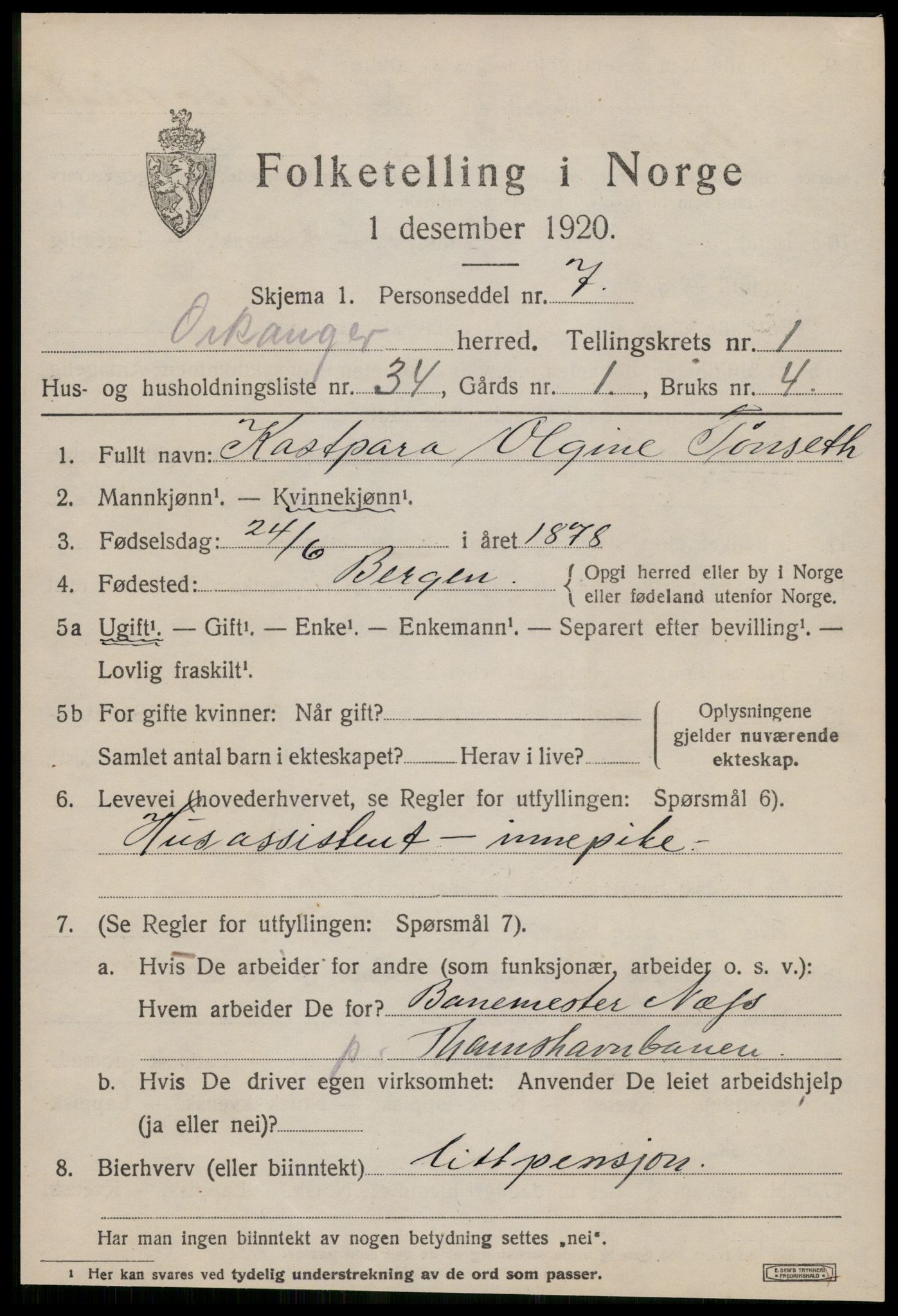 SAT, 1920 census for Orkanger, 1920, p. 1191