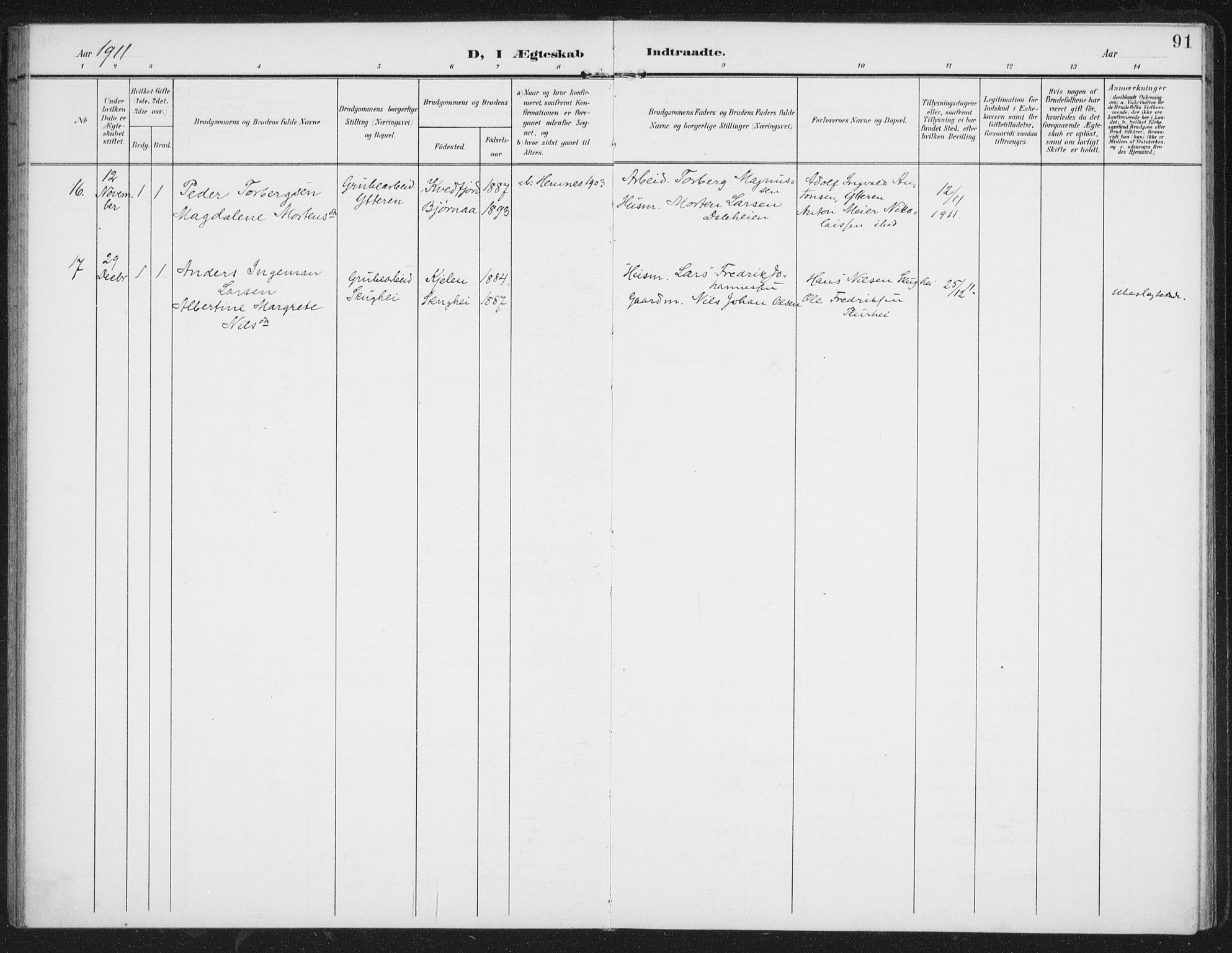 Ministerialprotokoller, klokkerbøker og fødselsregistre - Nordland, AV/SAT-A-1459/827/L0403: Parish register (official) no. 827A15, 1903-1912, p. 91