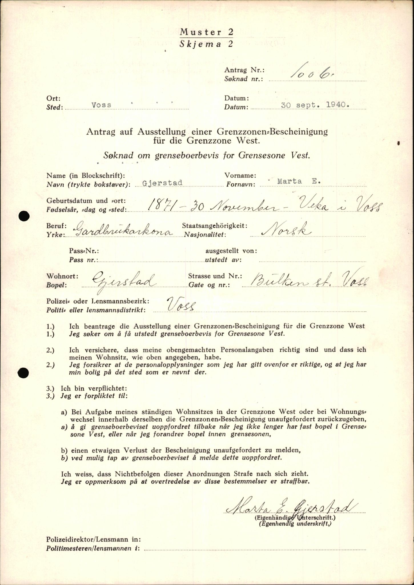 Lensmannen i Voss, AV/SAB-A-35801/0026/L0004: Søknader om grensebuarbevis, 1001 - 2000, 1940-1945, p. 11