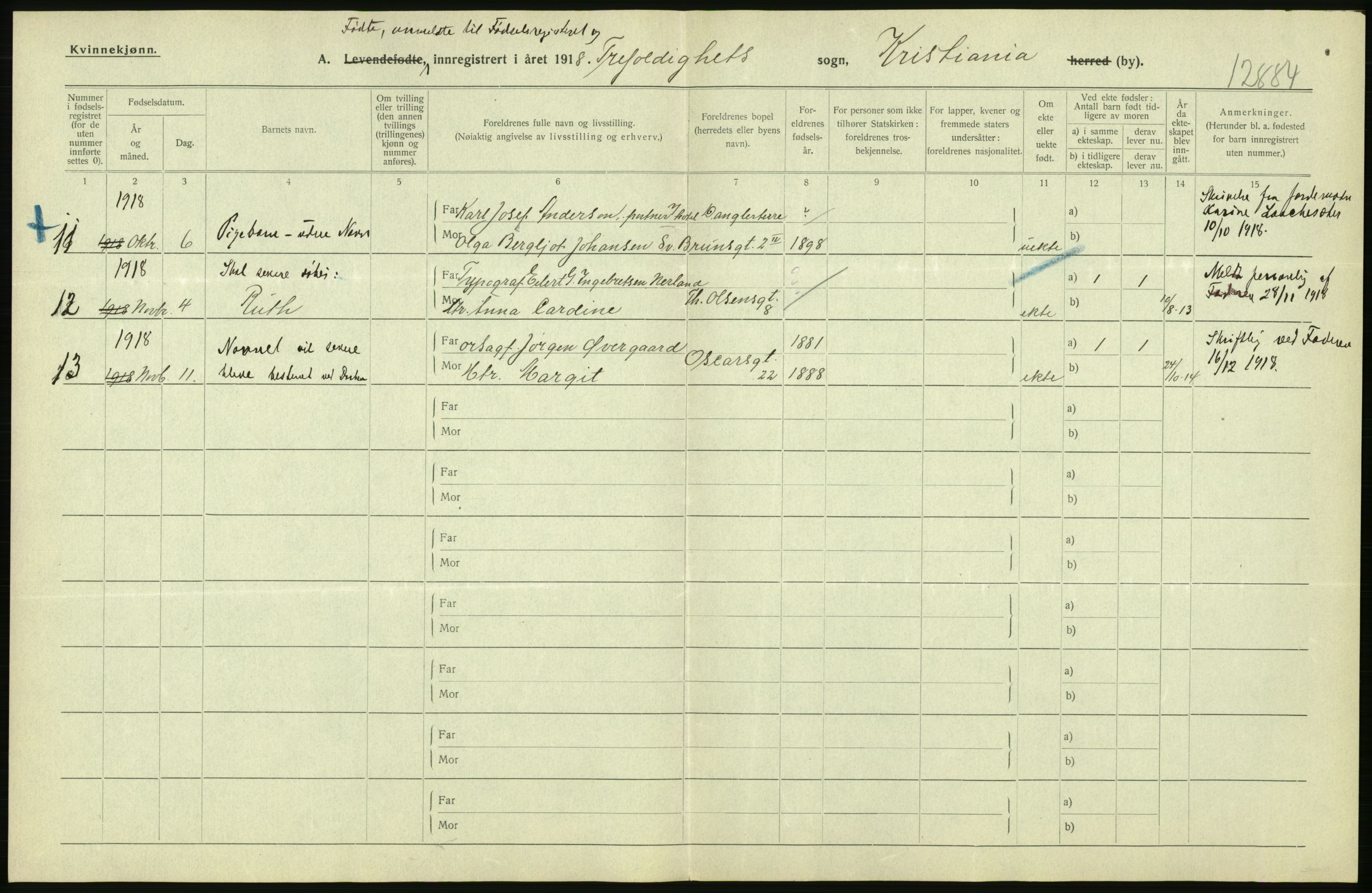 Statistisk sentralbyrå, Sosiodemografiske emner, Befolkning, AV/RA-S-2228/D/Df/Dfb/Dfbh/L0008: Kristiania: Levendefødte menn og kvinner., 1918, p. 302