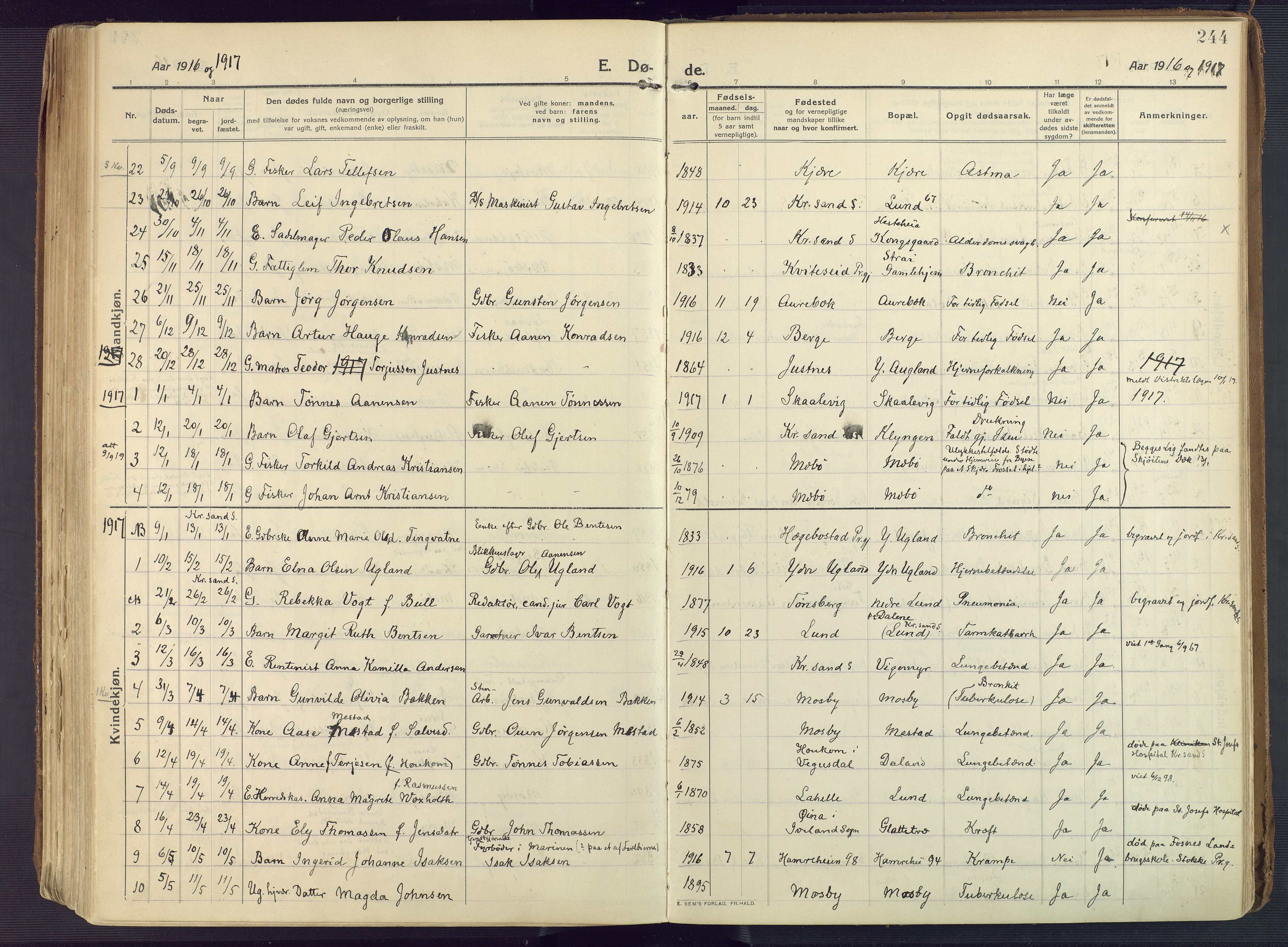 Oddernes sokneprestkontor, AV/SAK-1111-0033/F/Fa/Faa/L0012: Parish register (official) no. A 12, 1912-1925, p. 244