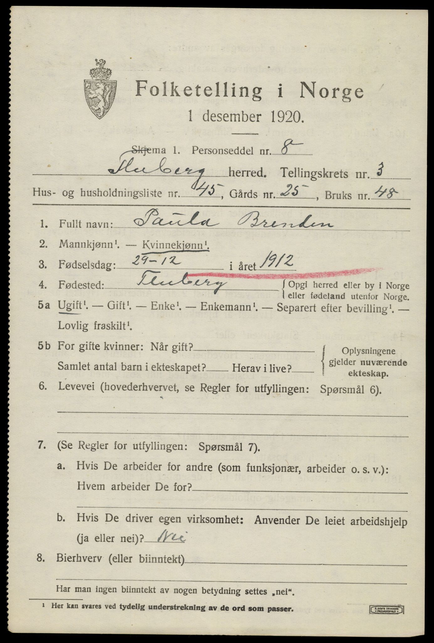 SAH, 1920 census for Fluberg, 1920, p. 3290