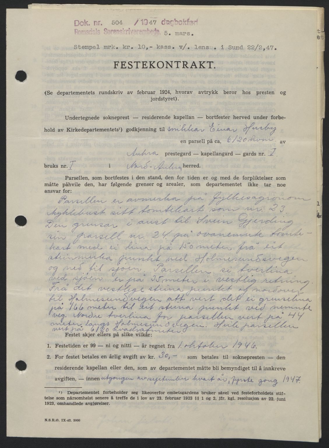 Romsdal sorenskriveri, SAT/A-4149/1/2/2C: Mortgage book no. A22, 1947-1947, Diary no: : 504/1947