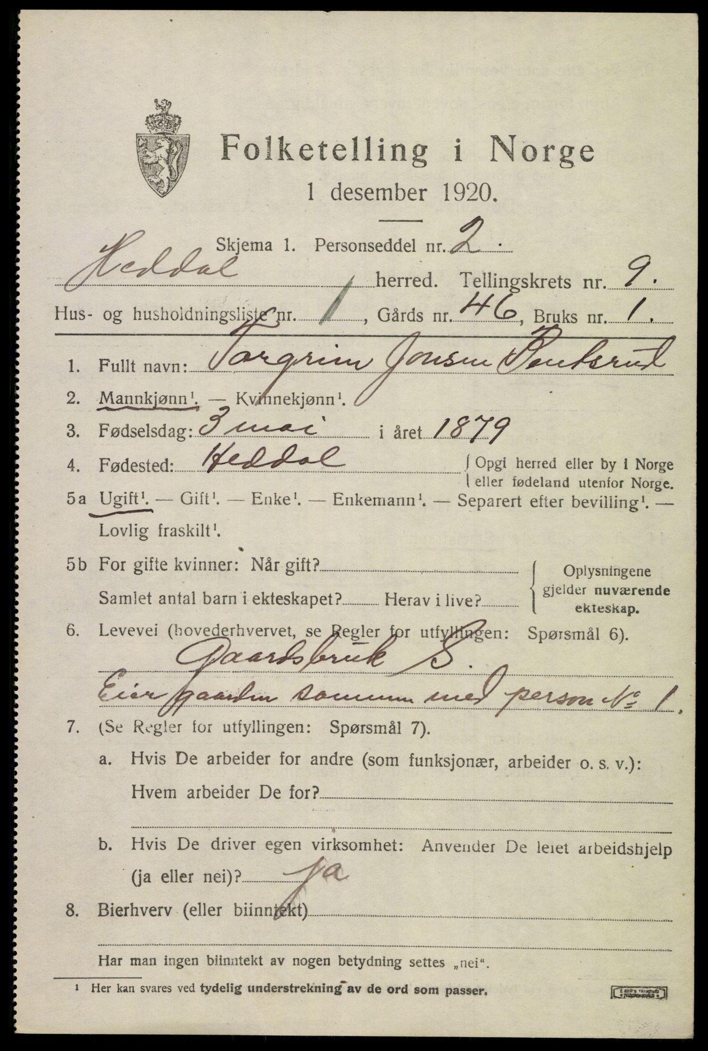 SAKO, 1920 census for Heddal, 1920, p. 6584