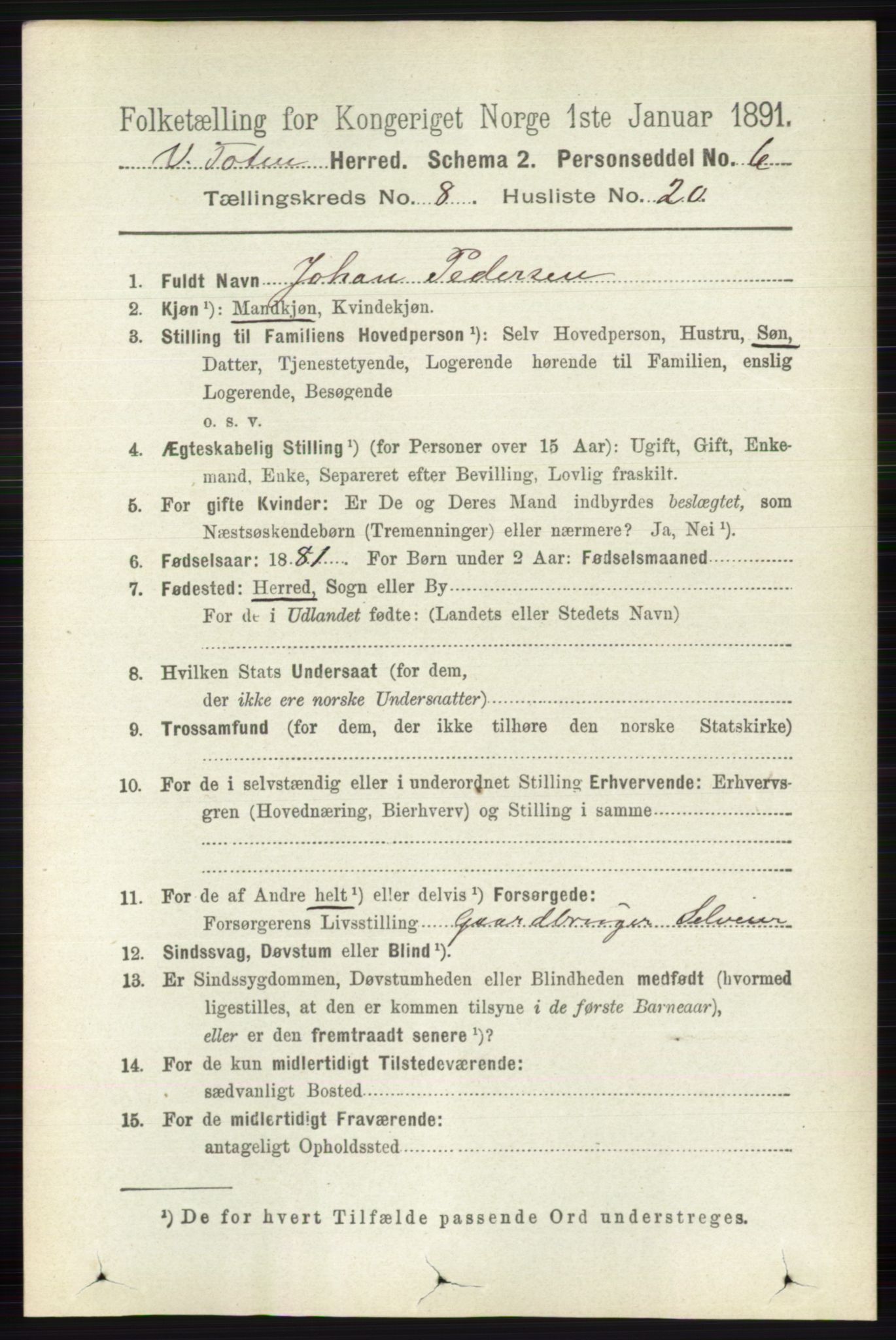 RA, 1891 census for 0529 Vestre Toten, 1891, p. 5117