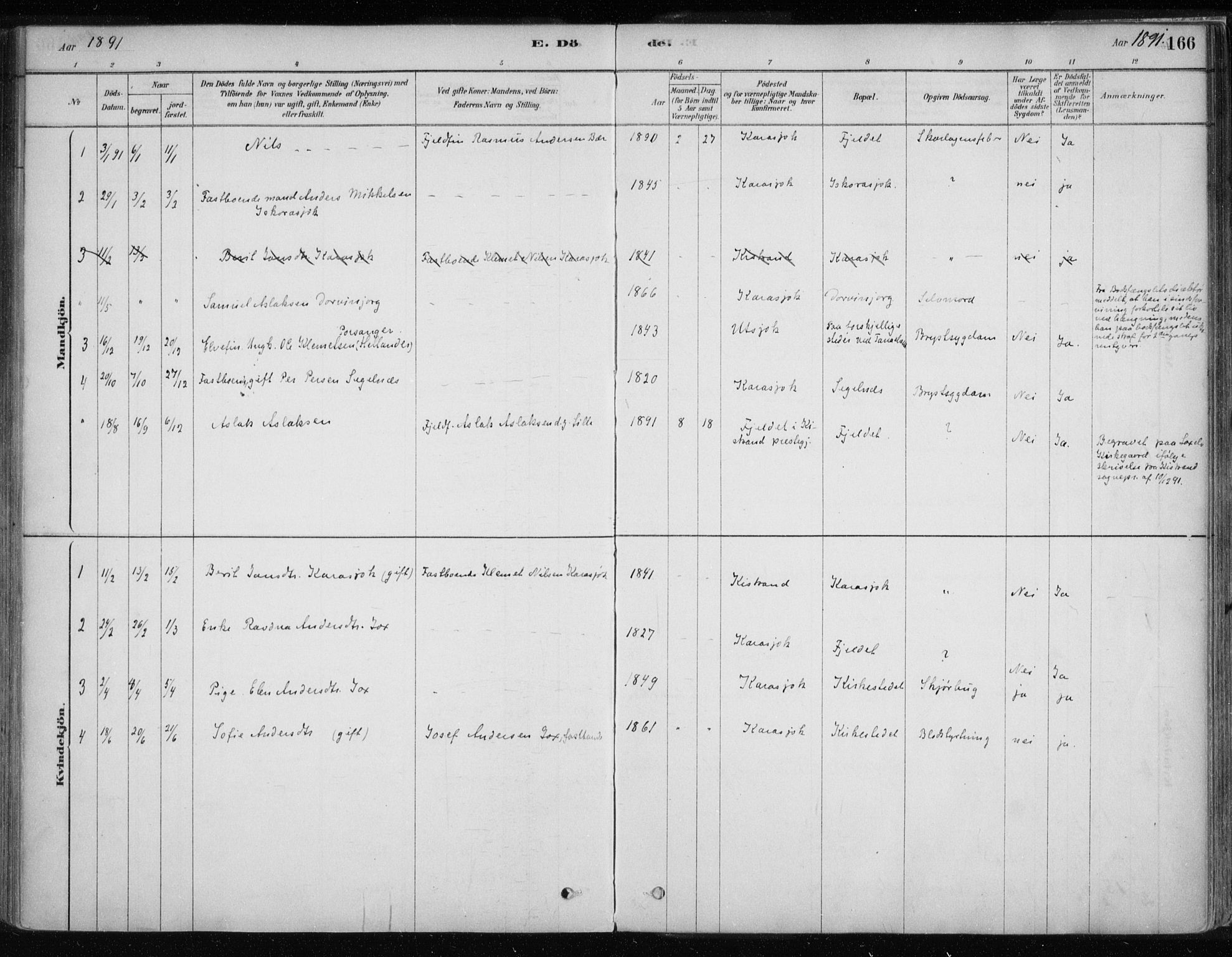 Karasjok sokneprestkontor, AV/SATØ-S-1352/H/Ha/L0002kirke: Parish register (official) no. 2, 1885-1906, p. 166