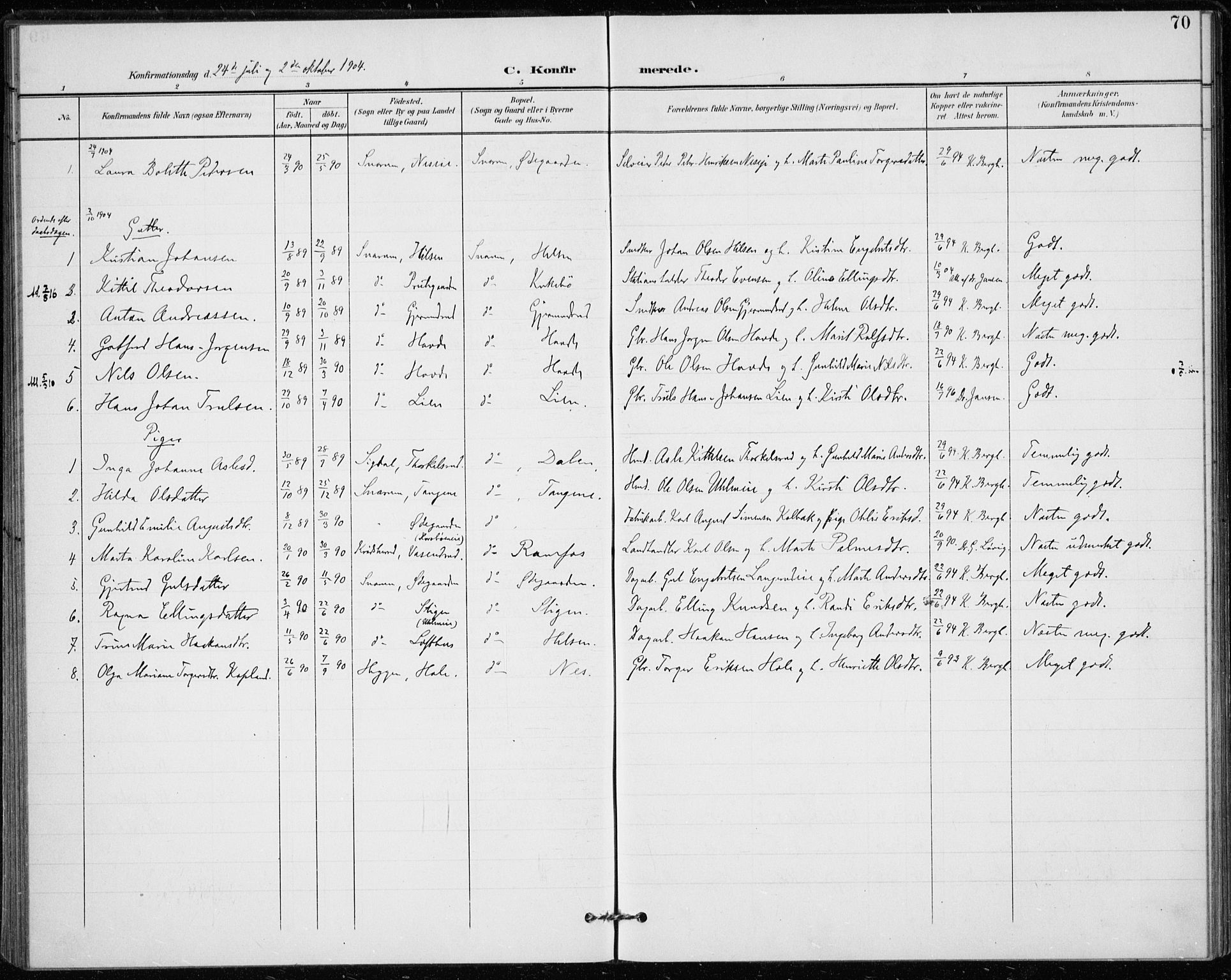 Modum kirkebøker, AV/SAKO-A-234/F/Fa/L0020: Parish register (official) no. 20, 1900-1917, p. 70