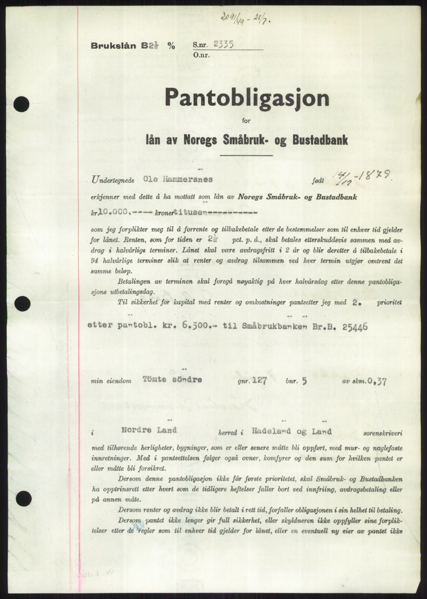 Hadeland og Land tingrett, AV/SAH-TING-010/H/Hb/Hbc/L0016: Mortgage book no. B16, 1949-1949, Diary no: : 2091/1949