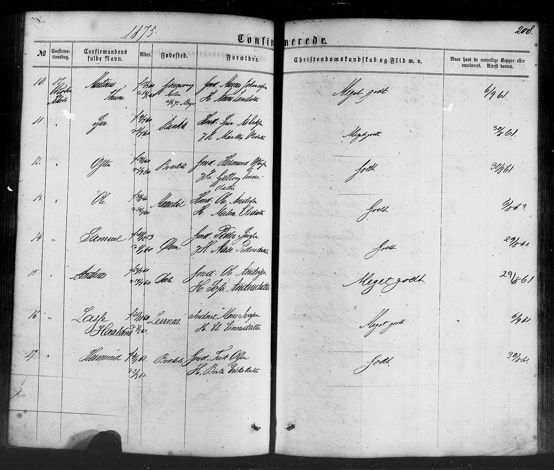Lavik sokneprestembete, SAB/A-80901: Parish register (official) no. A 4, 1864-1881, p. 208