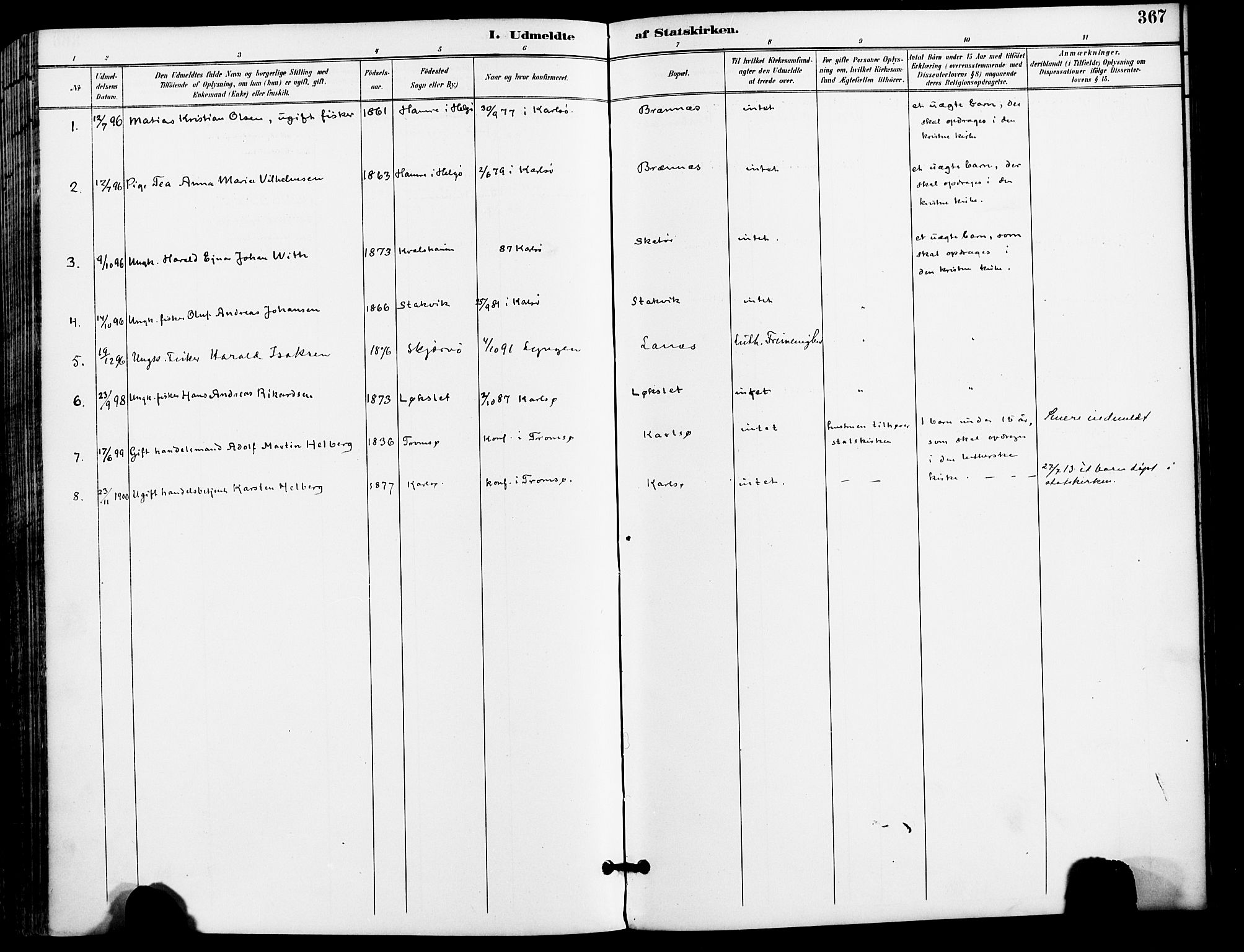 Karlsøy sokneprestembete, AV/SATØ-S-1299/H/Ha/Haa/L0007kirke: Parish register (official) no. 7, 1891-1902, p. 367