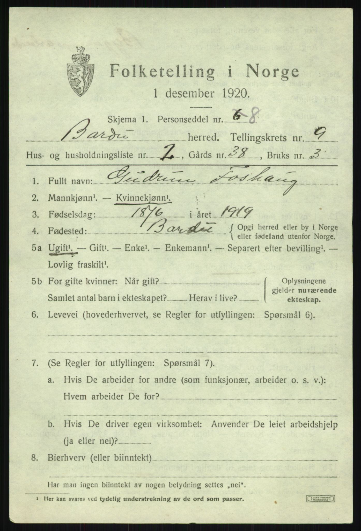 SATØ, 1920 census for Bardu, 1920, p. 3181