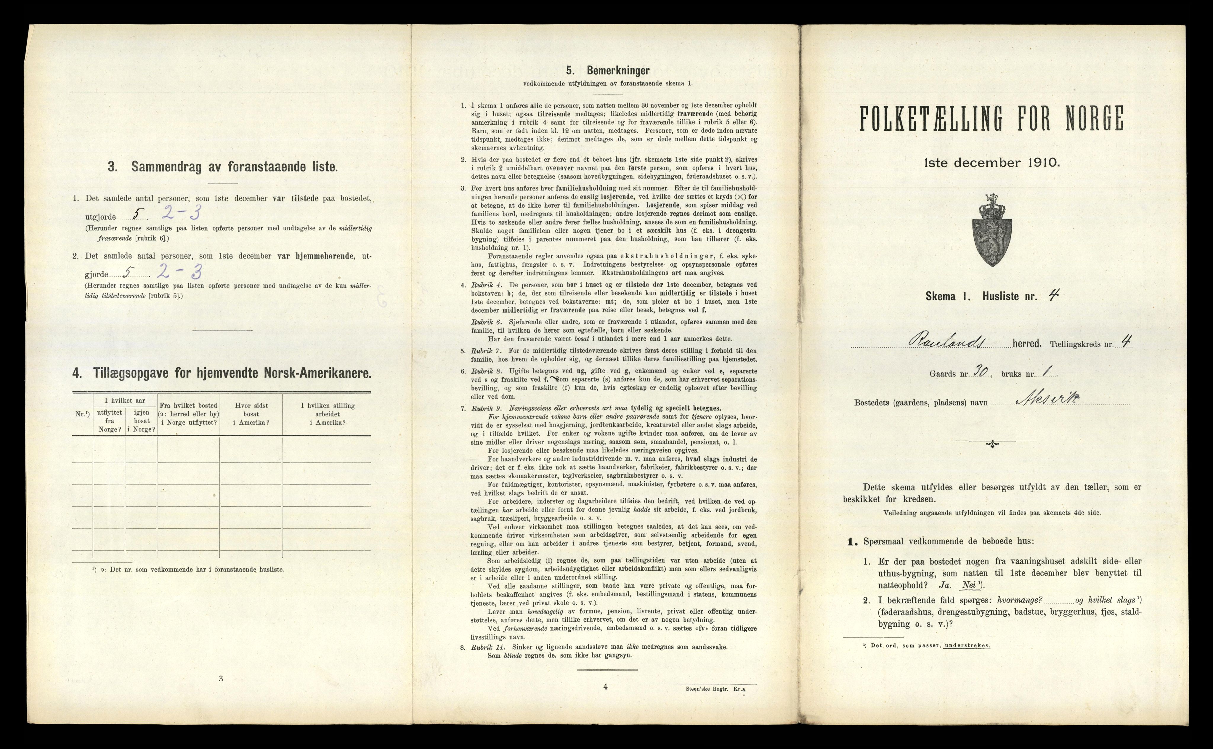 RA, 1910 census for Rauland, 1910, p. 143