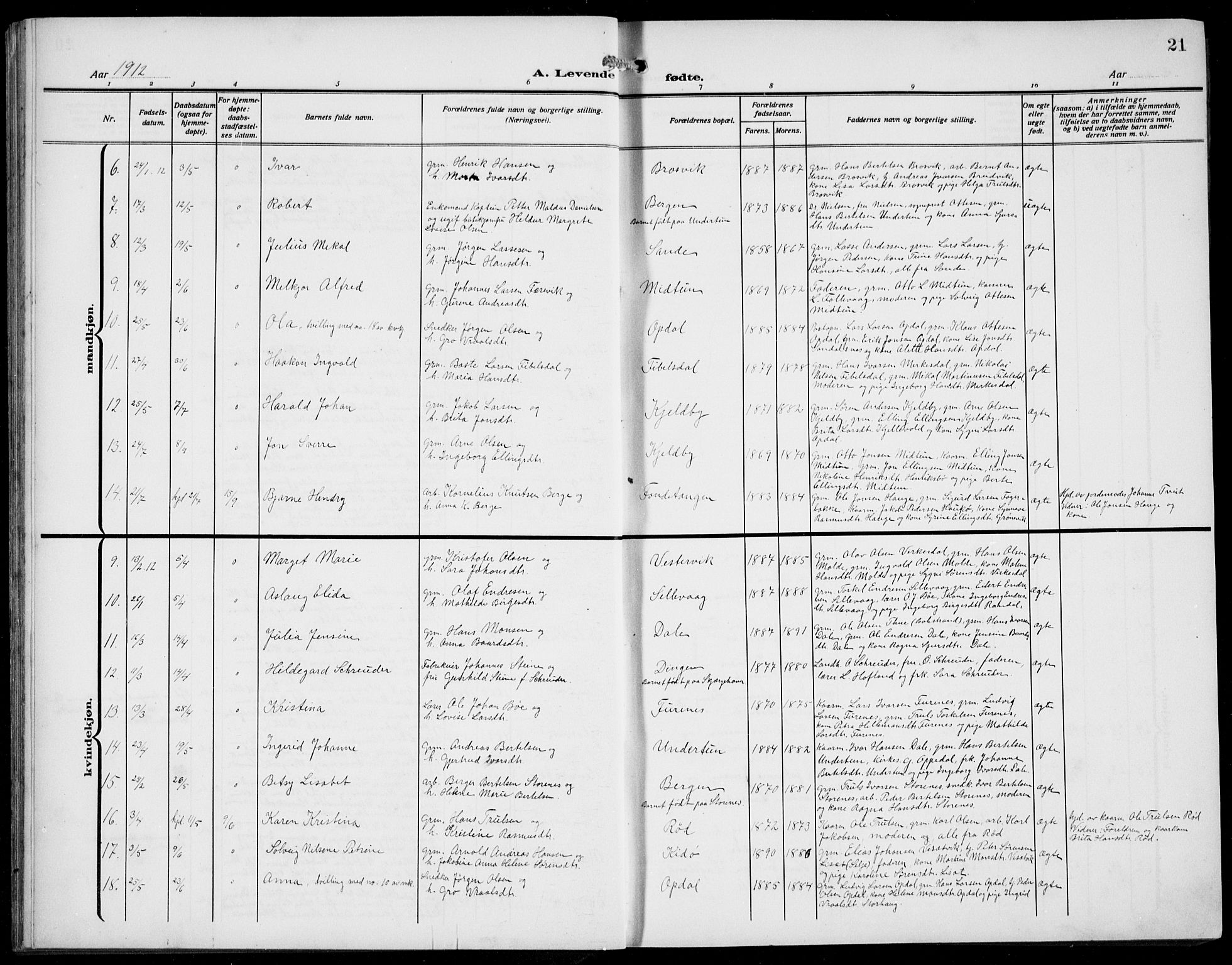 Gulen sokneprestembete, AV/SAB-A-80201/H/Hab/Habb/L0004: Parish register (copy) no. B 4, 1908-1936, p. 21