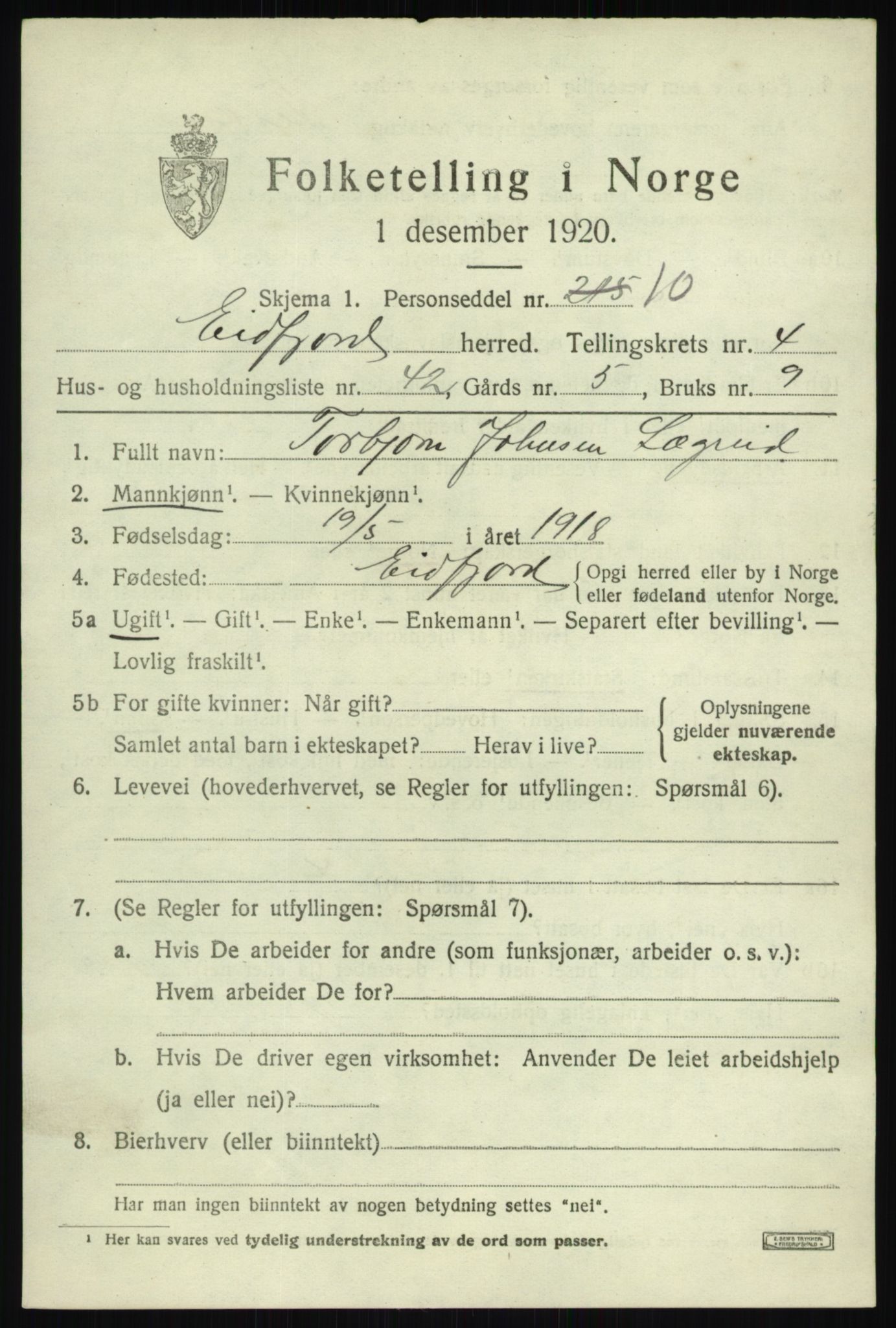 SAB, 1920 census for Eidfjord, 1920, p. 1752