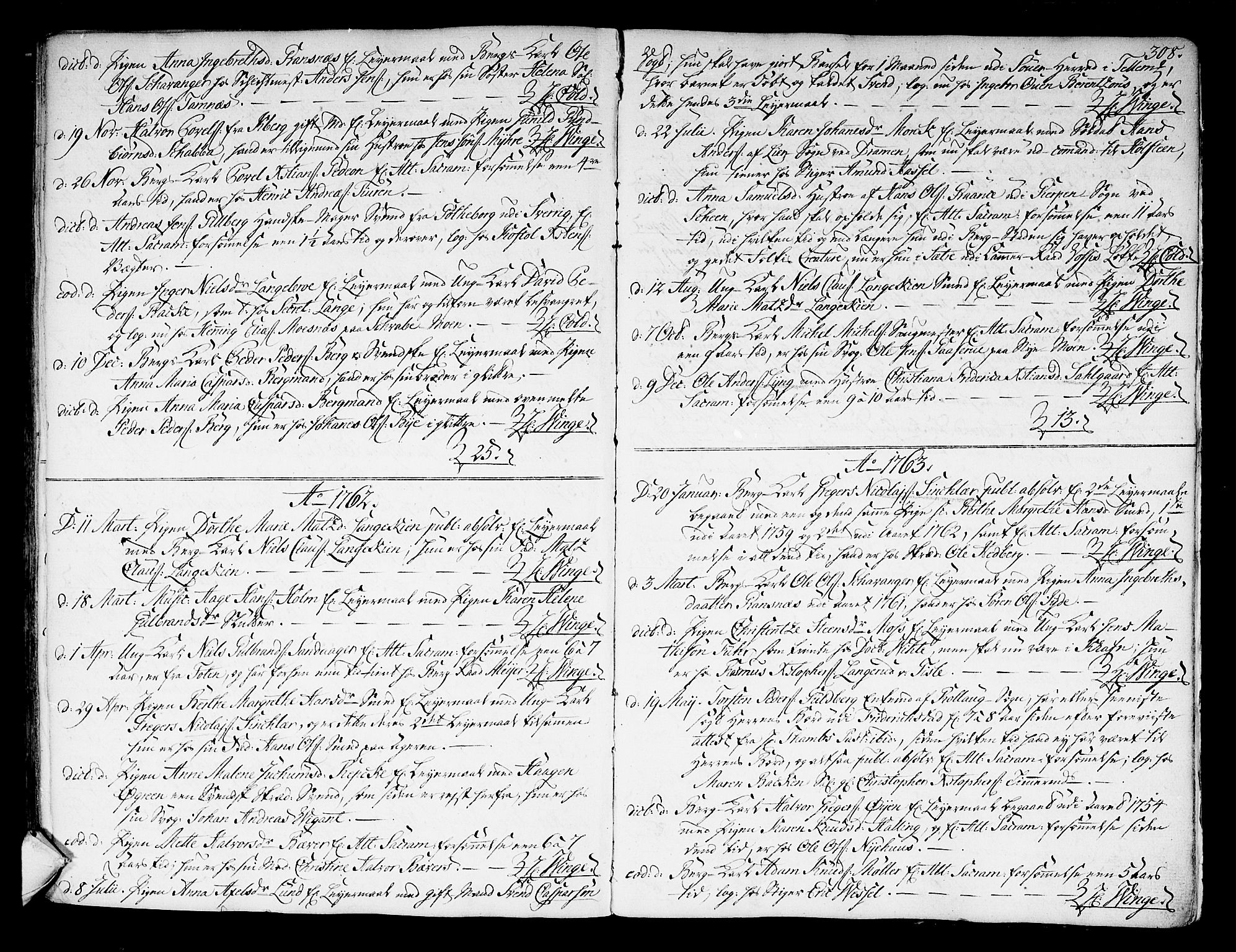 Kongsberg kirkebøker, SAKO/A-22/F/Fa/L0004: Parish register (official) no. I 4, 1756-1768, p. 308