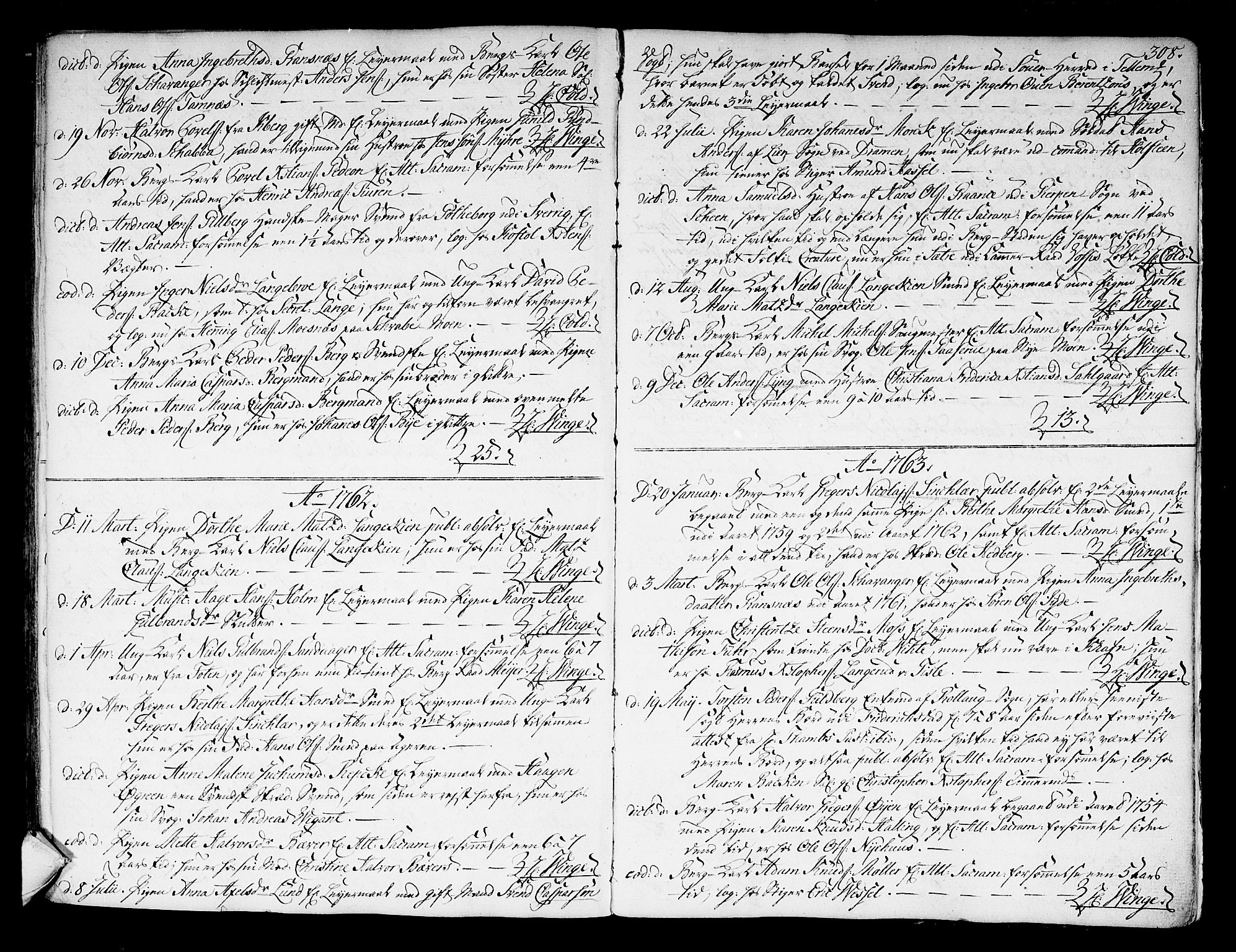 Kongsberg kirkebøker, AV/SAKO-A-22/F/Fa/L0004: Parish register (official) no. I 4, 1756-1768, p. 308