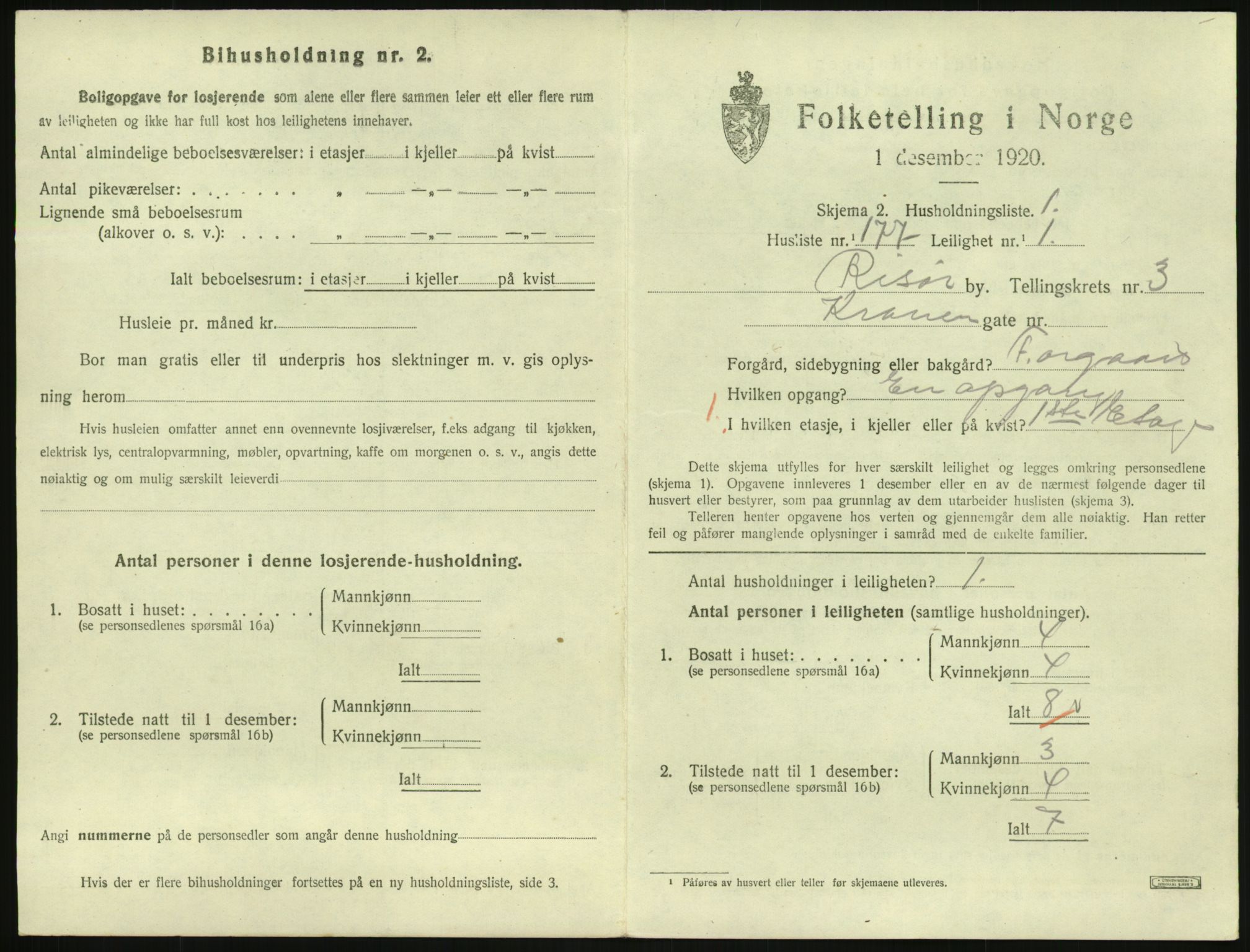 SAK, 1920 census for Risør, 1920, p. 3013