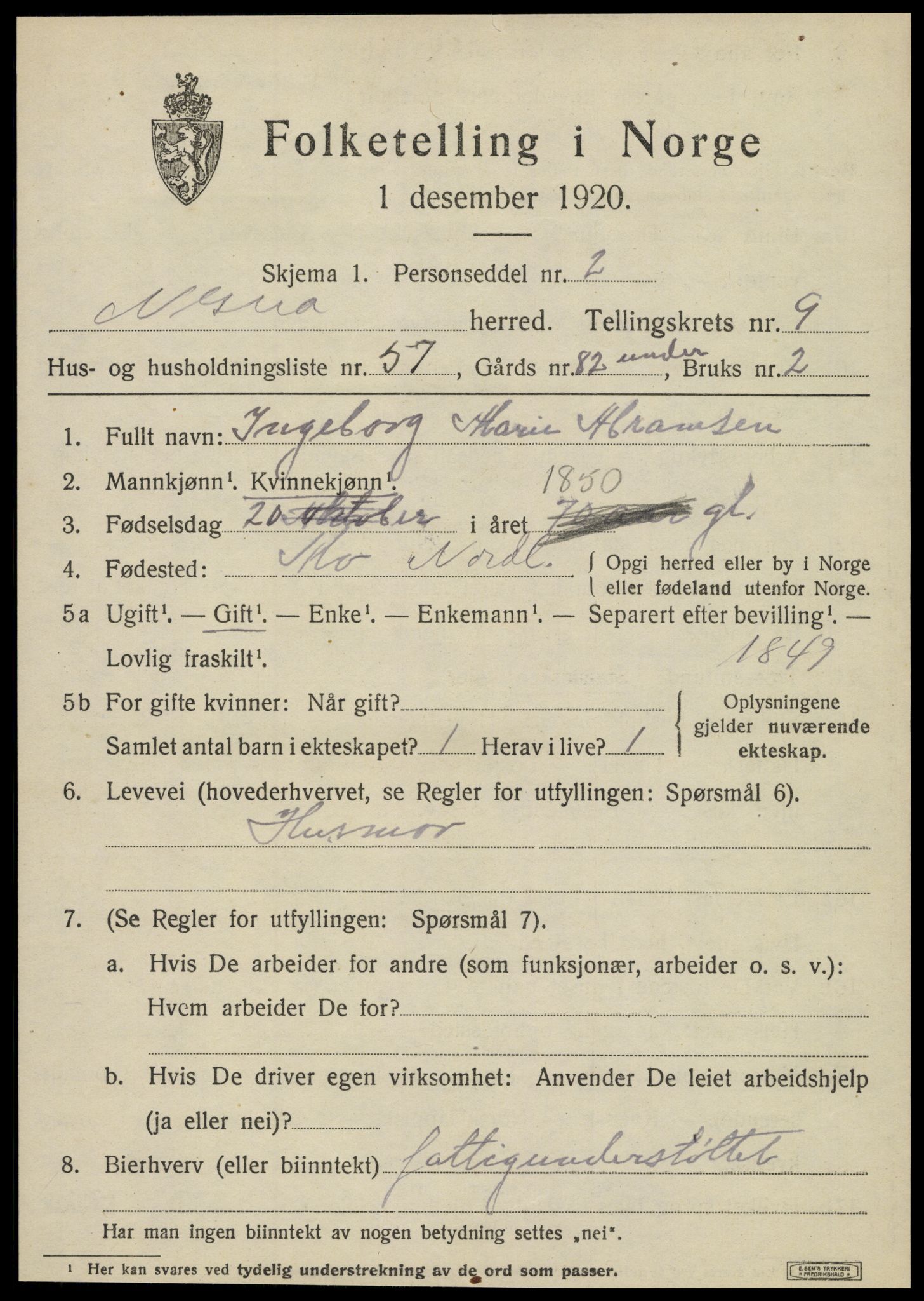 SAT, 1920 census for Nesna, 1920, p. 7937