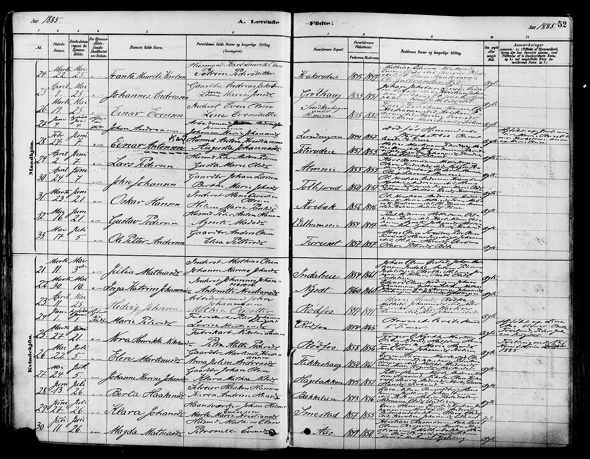 Vestre Toten prestekontor, SAH/PREST-108/H/Ha/Haa/L0009: Parish register (official) no. 9, 1878-1894, p. 52