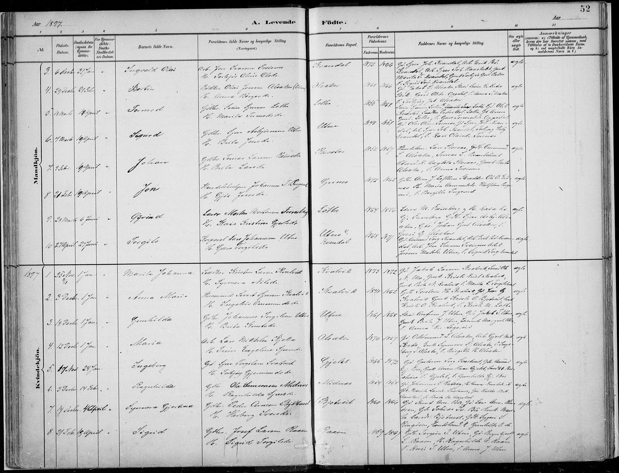 Ullensvang sokneprestembete, AV/SAB-A-78701/H/Haa: Parish register (official) no. E  1, 1882-1921, p. 52