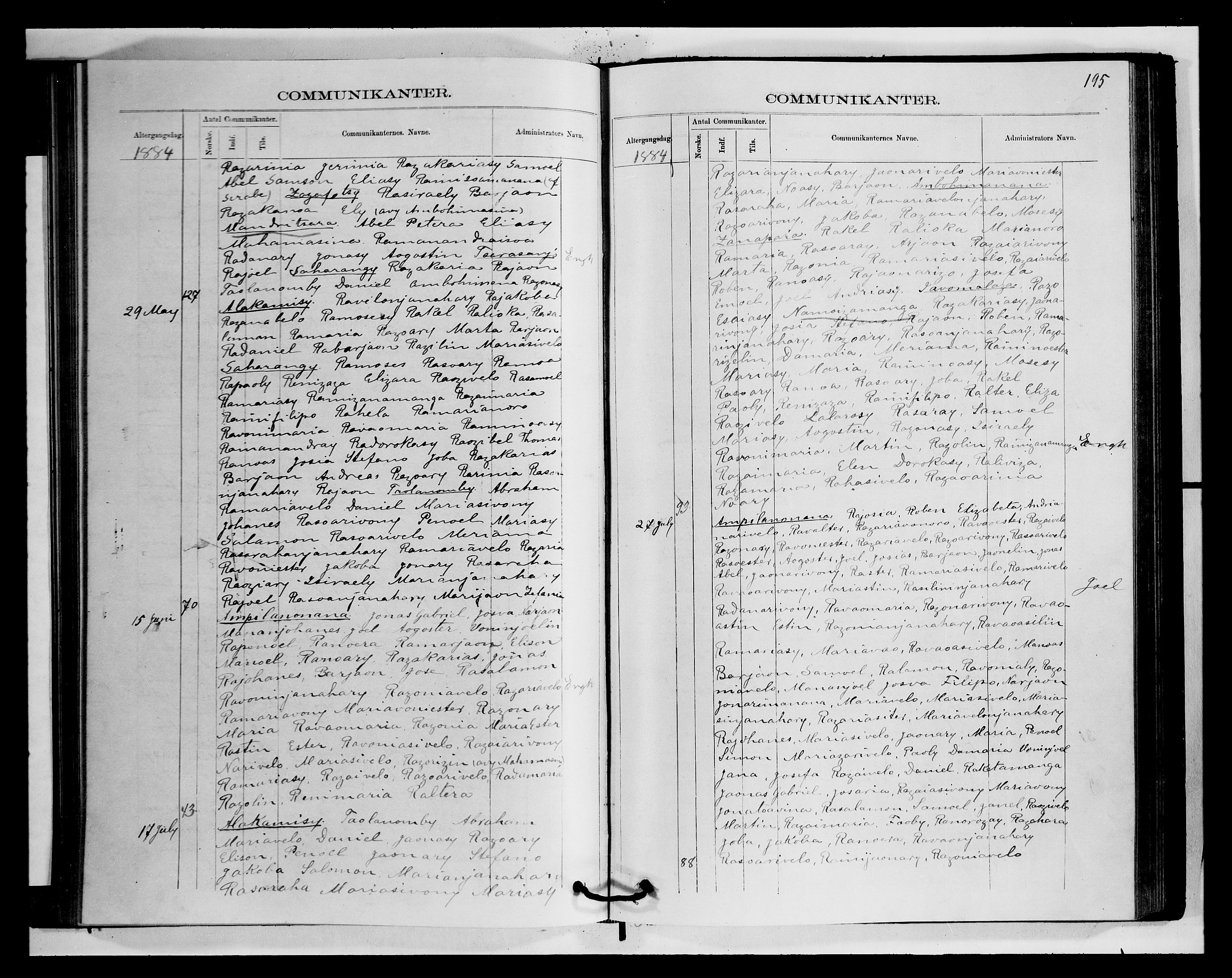 Archives FLM/NMS, Madagaskar, VID/MA-A-1163/D/Db/L0270: Parish register (official) no. 2, 1883-1886, p. 195