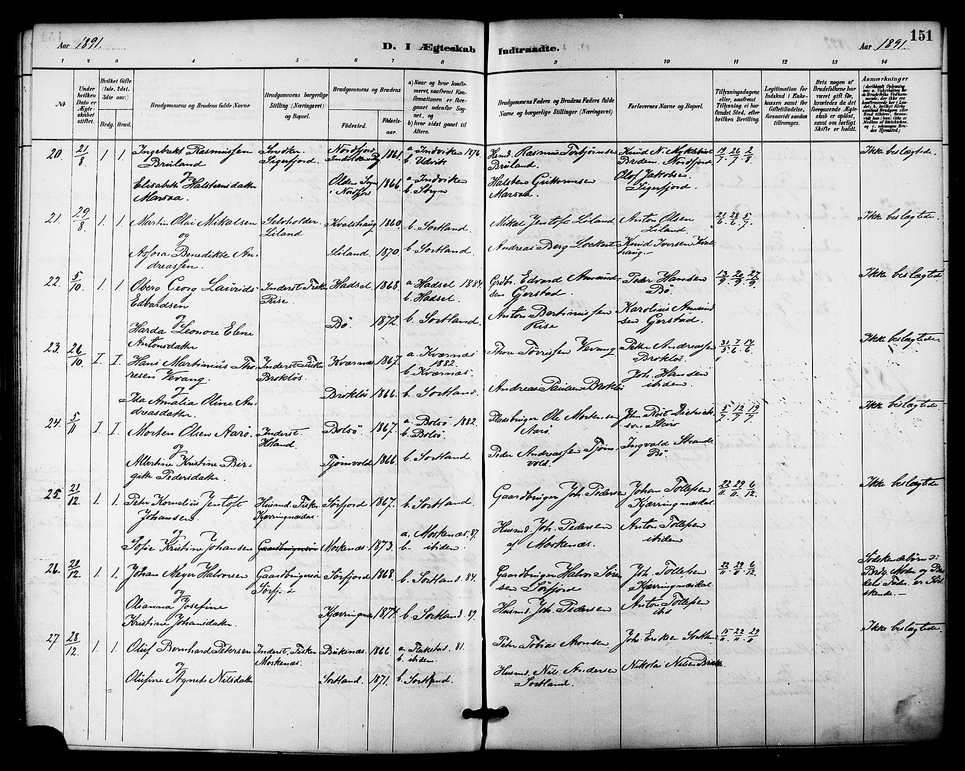 Ministerialprotokoller, klokkerbøker og fødselsregistre - Nordland, AV/SAT-A-1459/895/L1371: Parish register (official) no. 895A06, 1885-1894, p. 151