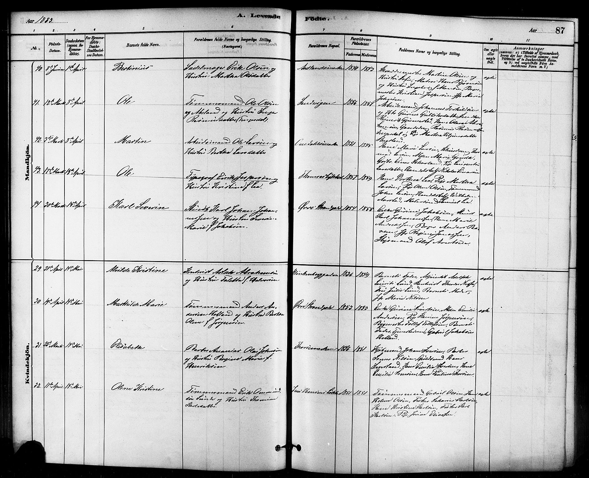 Domkirken sokneprestkontor, AV/SAST-A-101812/001/30/30BB/L0015: Parish register (copy) no. B 15, 1880-1891, p. 87