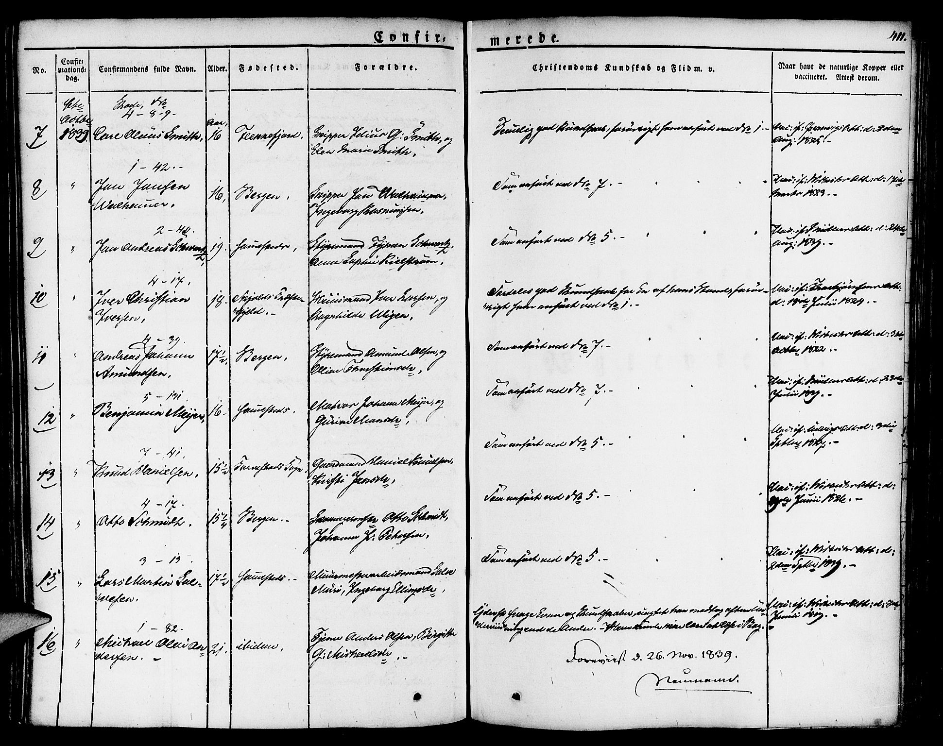 Nykirken Sokneprestembete, SAB/A-77101/H/Haa/L0012: Parish register (official) no. A 12, 1821-1844, p. 411