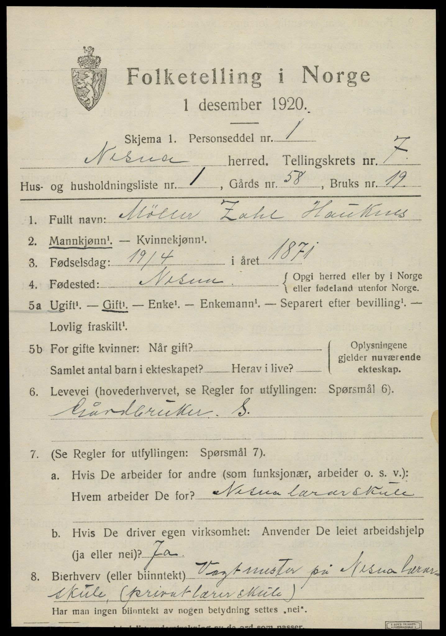 SAT, 1920 census for Nesna, 1920, p. 5195