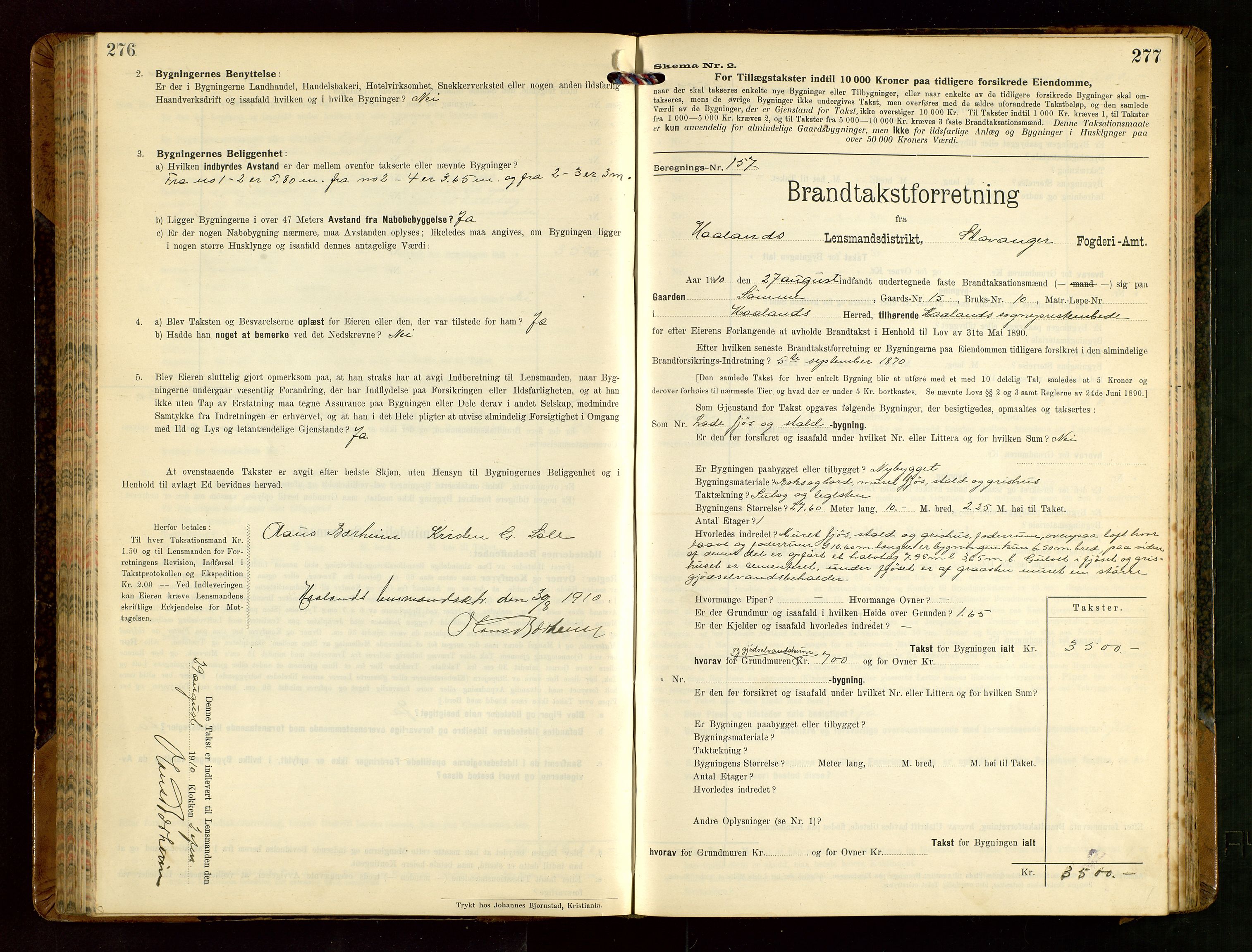 Håland lensmannskontor, AV/SAST-A-100100/Gob/L0004: Branntakstprotokoll - skjematakst. Register i boken., 1913-1915, p. 276-277