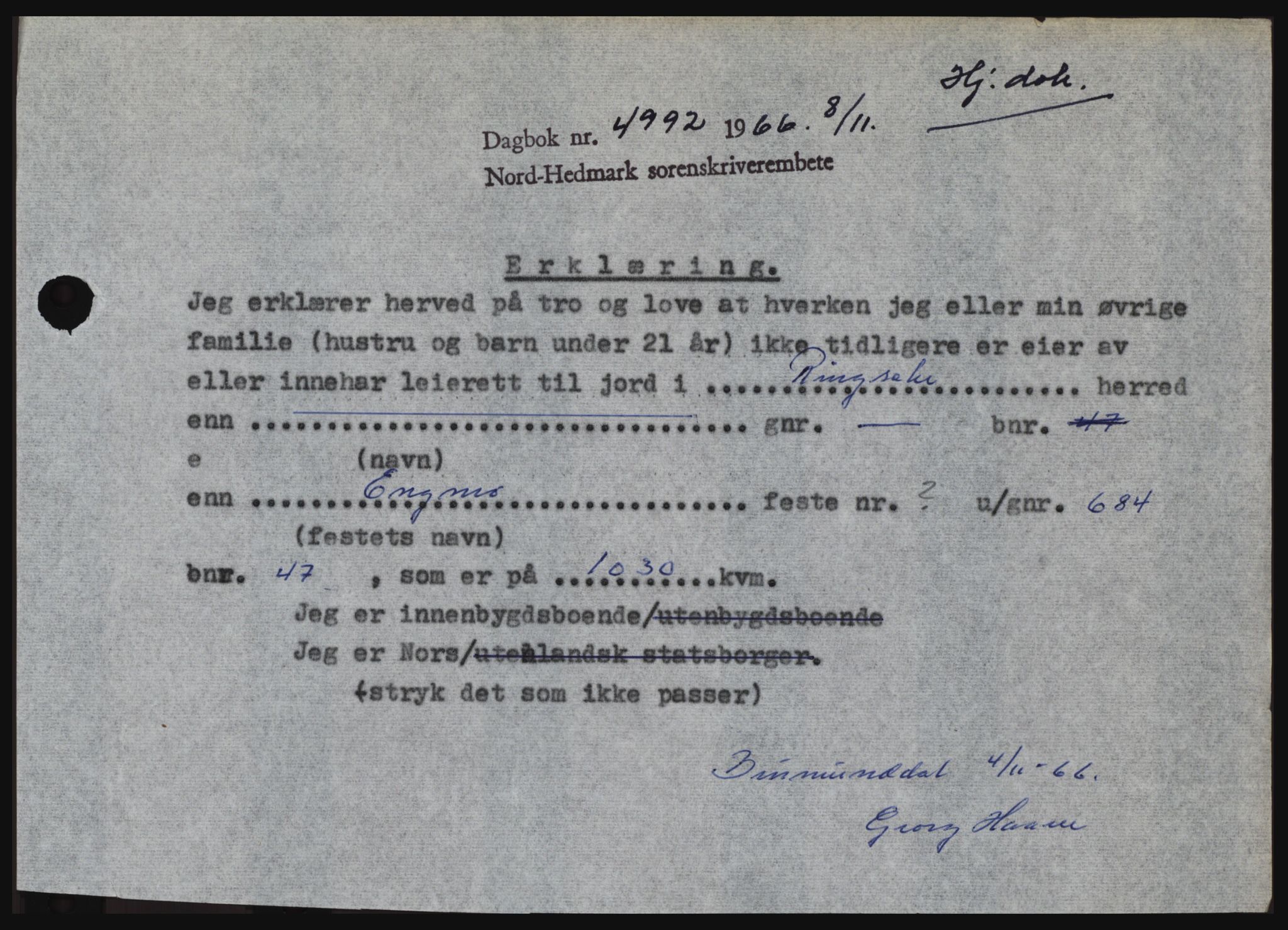 Nord-Hedmark sorenskriveri, SAH/TING-012/H/Hc/L0024: Mortgage book no. 24, 1966-1966, Diary no: : 4992/1966