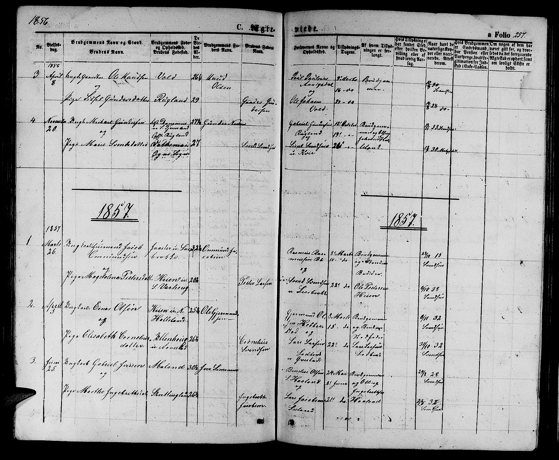 Hå sokneprestkontor, SAST/A-101801/001/30BB/L0002: Parish register (copy) no. B 2, 1854-1883, p. 257