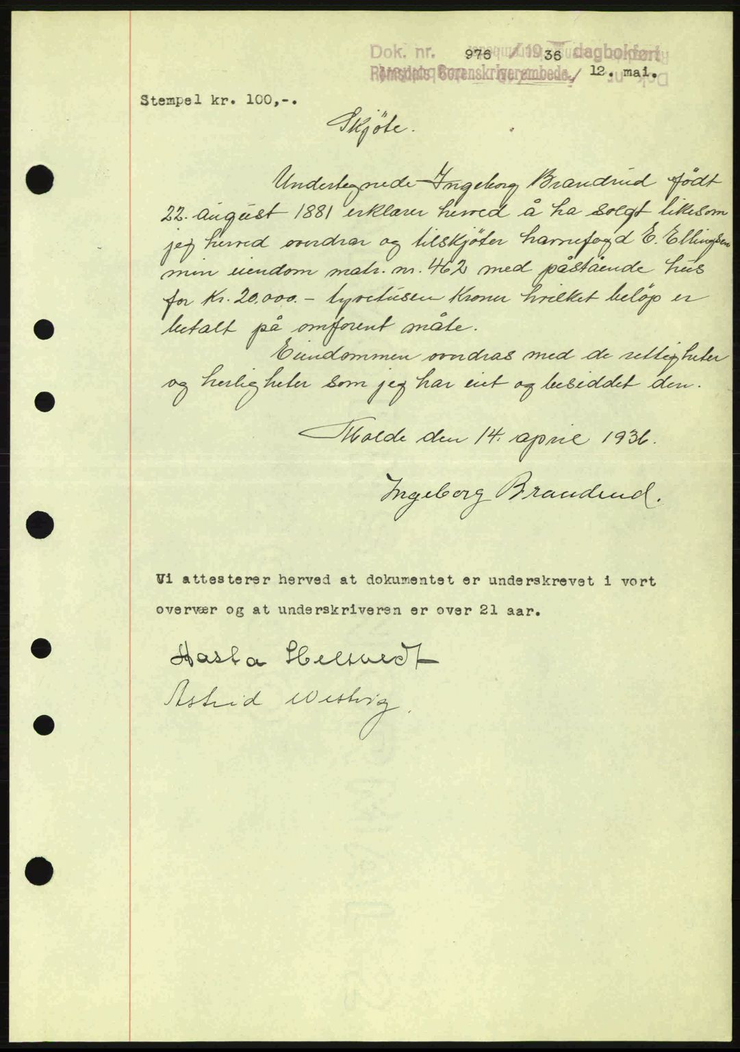 Romsdal sorenskriveri, AV/SAT-A-4149/1/2/2C: Mortgage book no. A1, 1936-1936, Diary no: : 976/1936